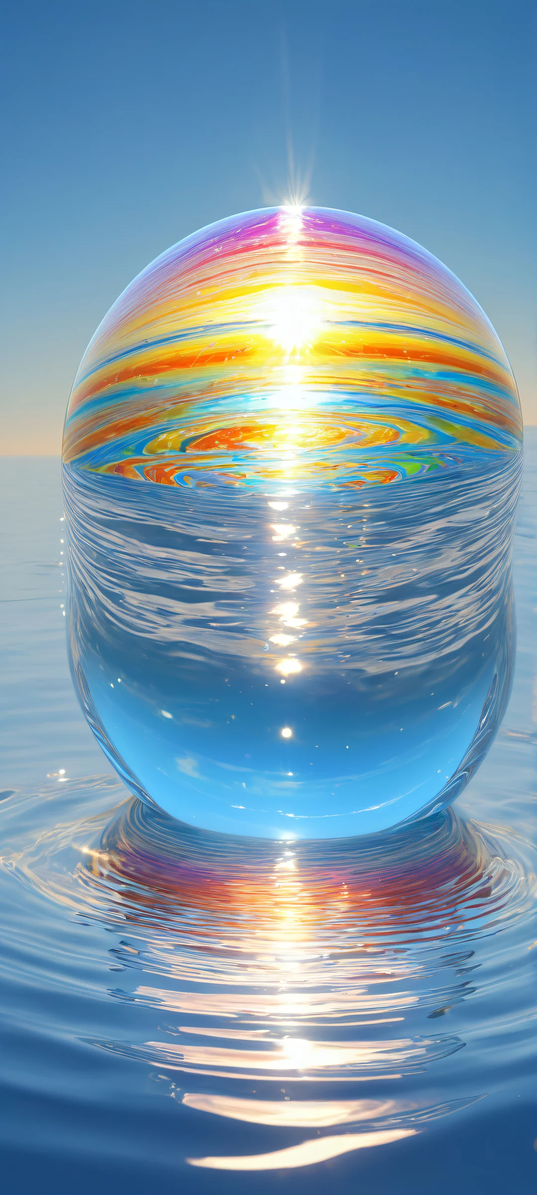 A mesmerizing glass marble with a shimmering rainbow-colored interior falling into the water, parfaitement optimisé pour les écrans d'accueil iPhone et Android.