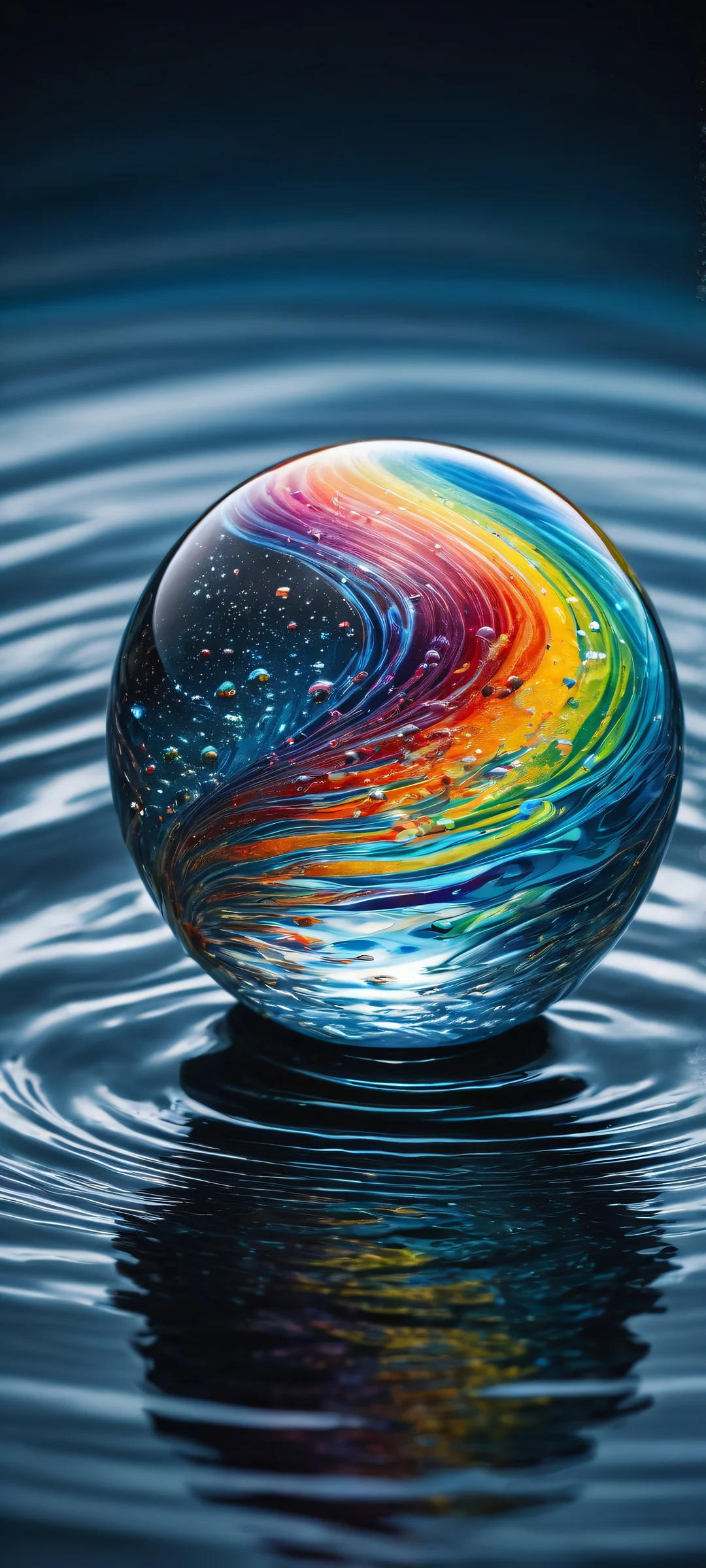 Rainbow's Edge iPhone & Samsung QHD Wallpaper A stunning digital art piece featuring a delicate glass marble with a vibrant rainbow interior falling into crystal-clear water, perfectly optimized for iPhone and Android home screens.