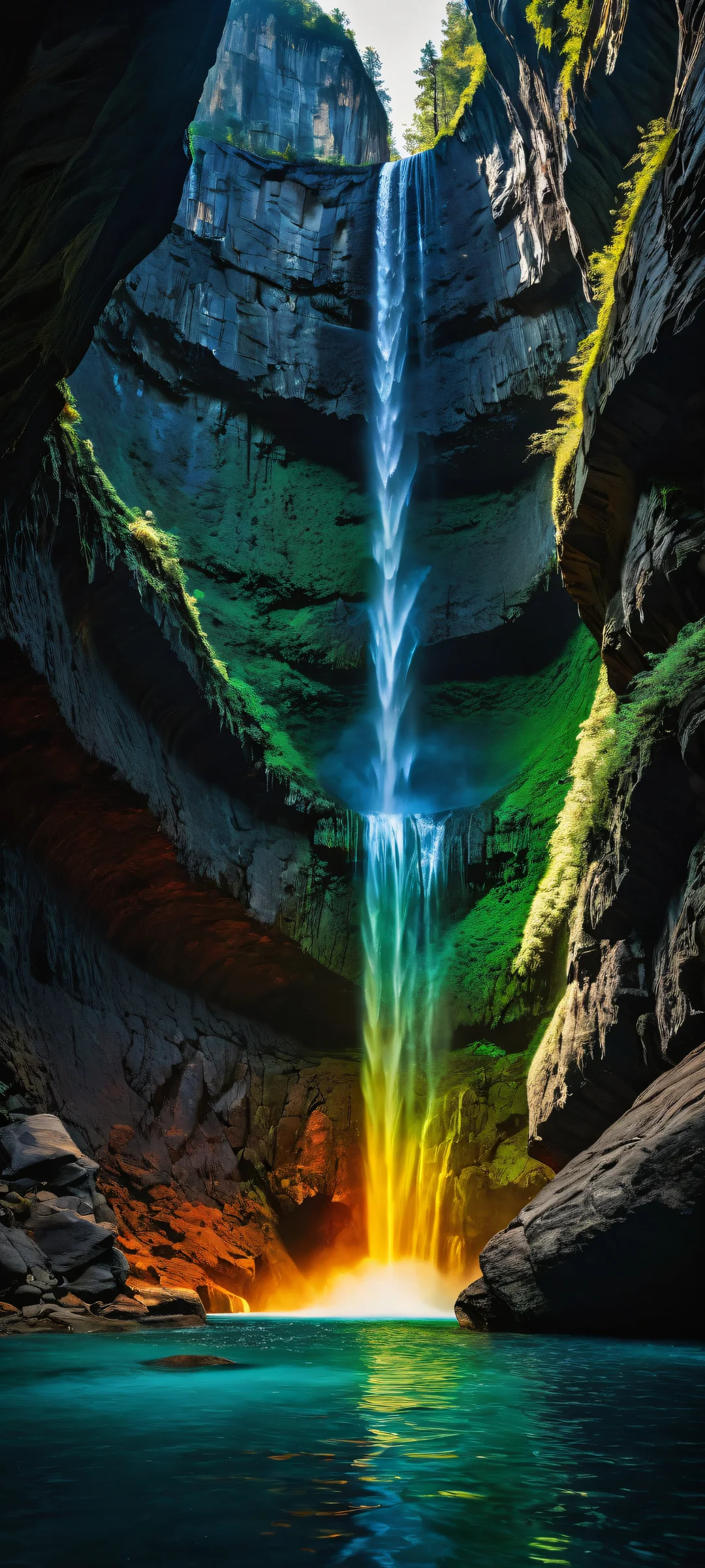 A glass marble with a mesmerizing rainbow interior falls into the calm, crystal-clear water. iPhone/Android