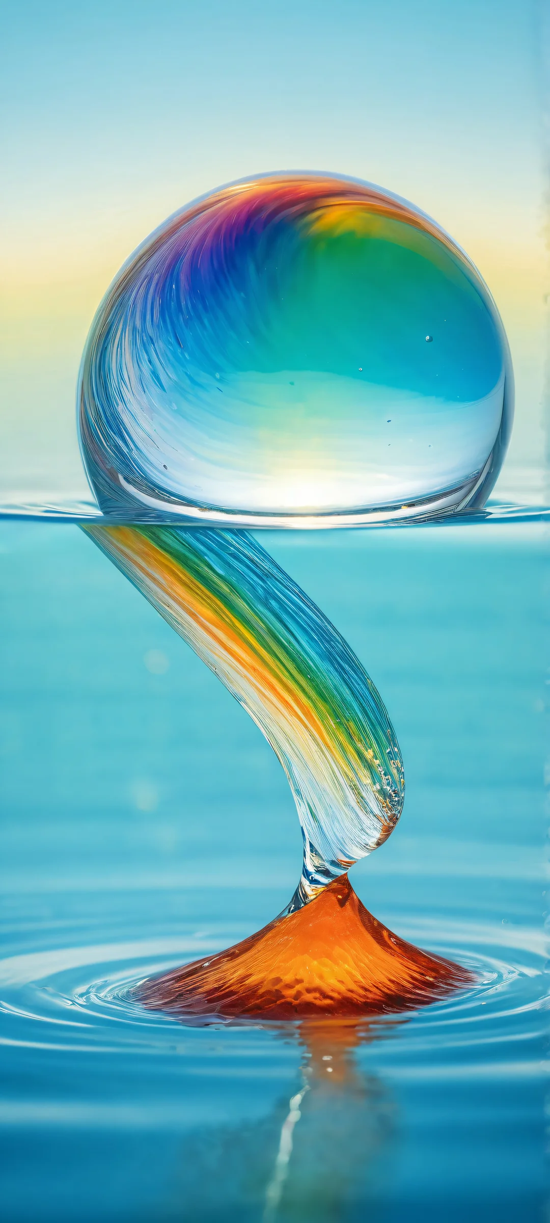 Delicate glass marble with vibrant rainbow interior falls into water below, perfekt optimiert für iPhone- und Android-Startbildschirme.