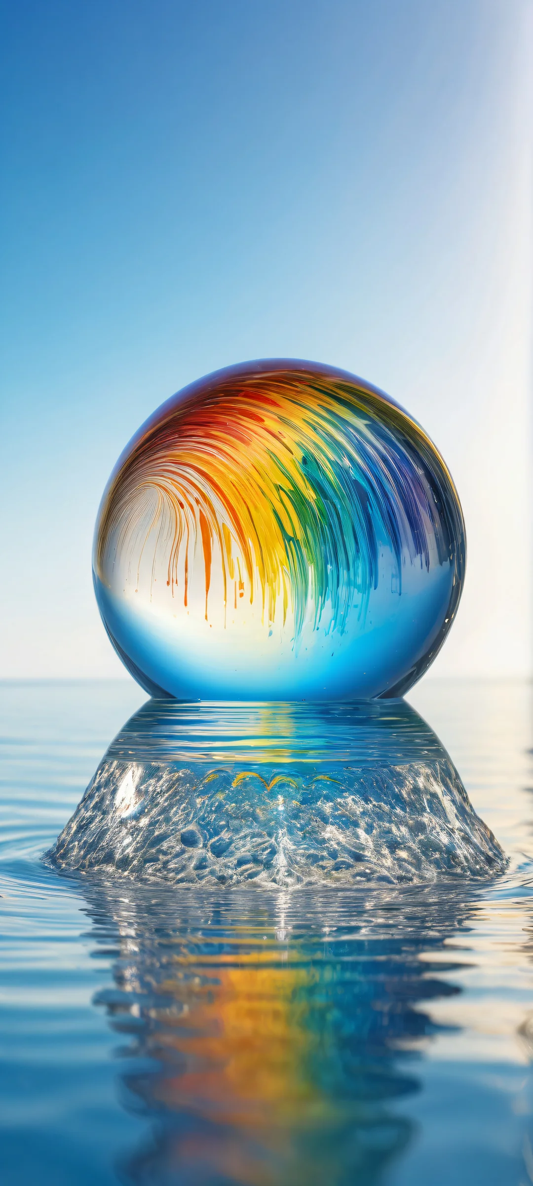 iPhone/Android wallpaper of a breathtaking glass marble with rainbow interior falling into still water, showcasing micro-details and ethereal colors.