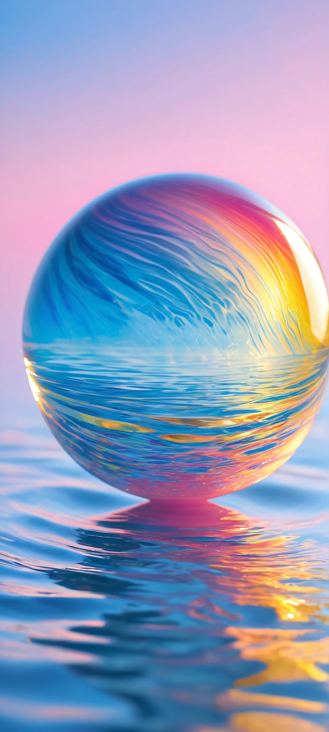 A stunning vertical portrait artwork of a glass marble with a rainbow-colored interior slowly falling into the calm waters, perfectly optimized for iPhone and Android home screens.