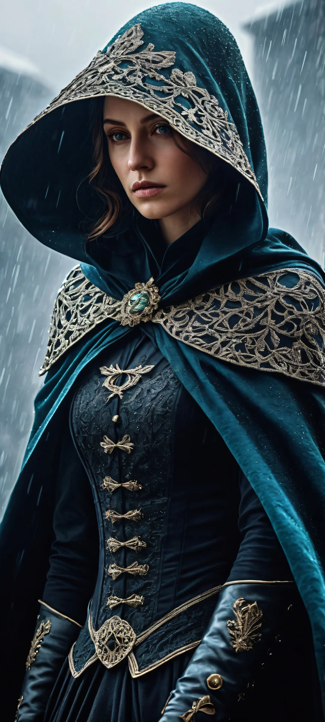 A beautiful, melancholic digital artwork of a masked woman from the 1800s with a sad face, perfecto para pantallas de inicio de iPhone/Android.