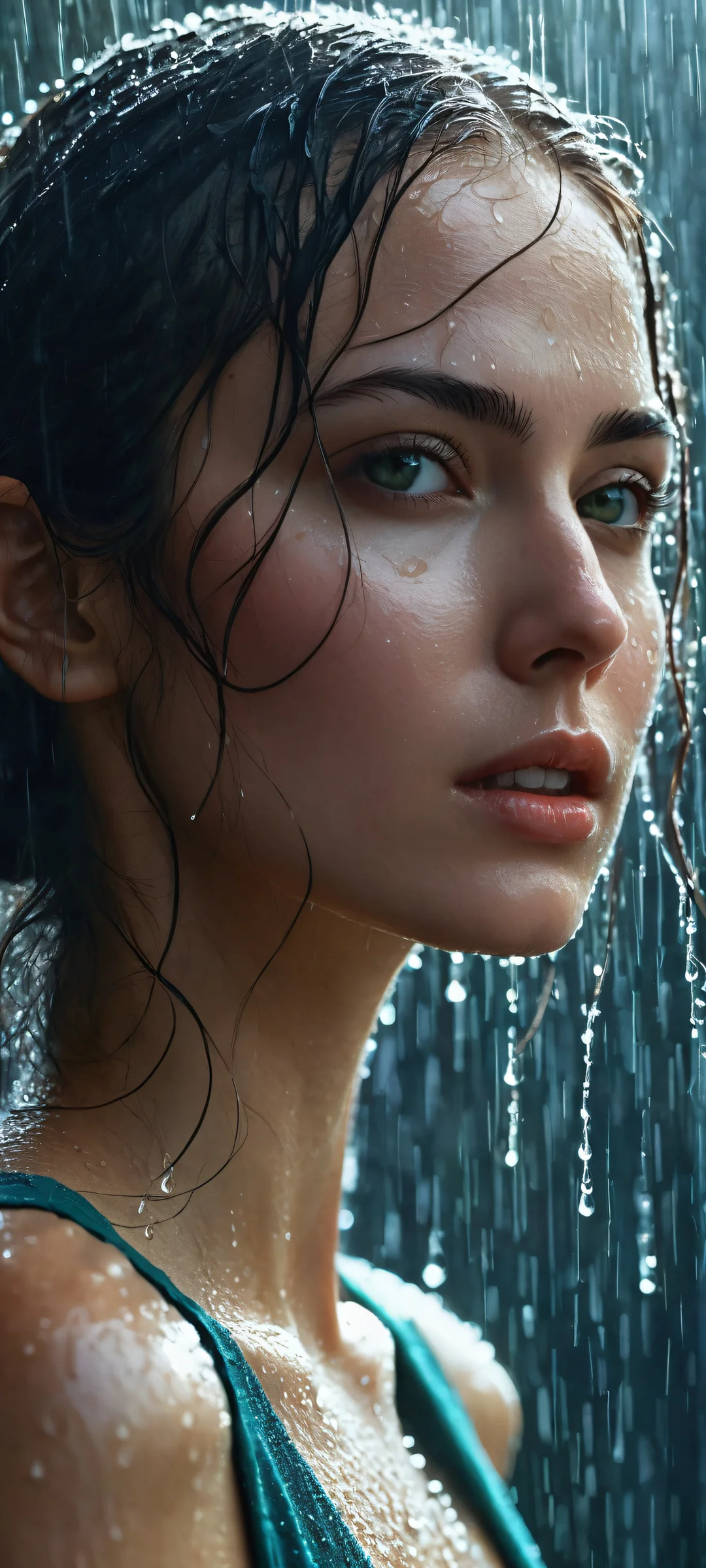 A wet-haired female character on a dark background with intricate raindrops and hair strands. Perfectly optimized for iPhone, Samsung Galaxy, and Android home screens.