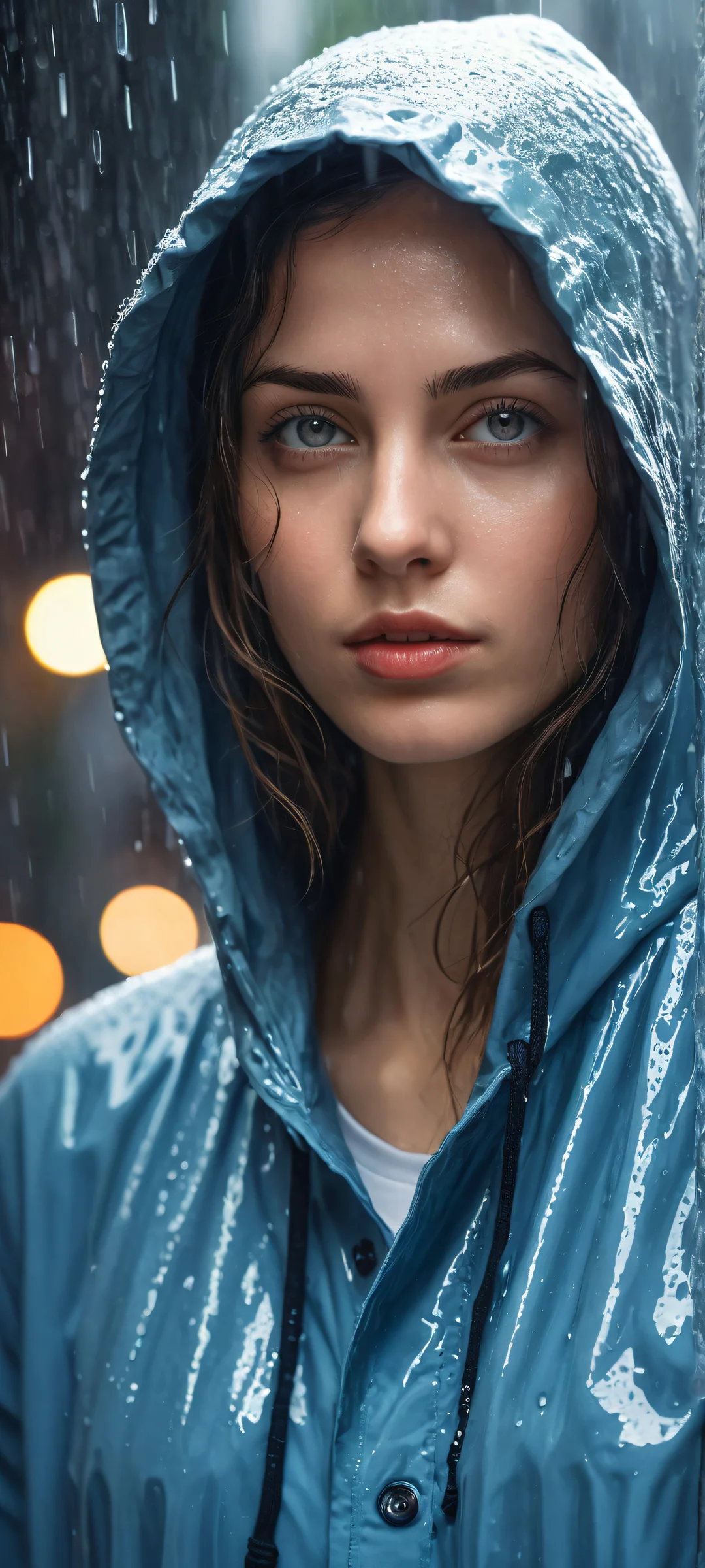Beautiful iPhone and Android wallpaper featuring a young woman in a rainy night scene with intricate details and reflections.
