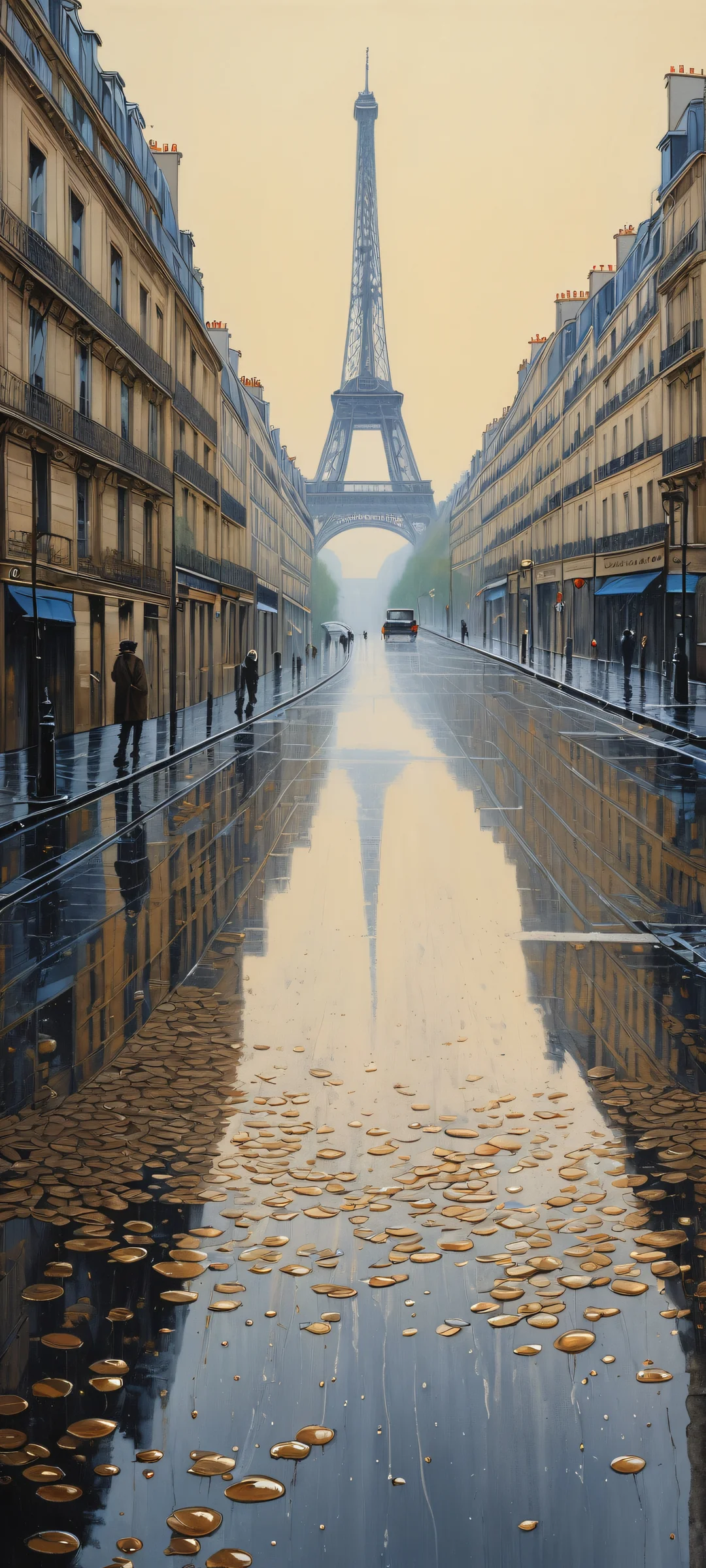 A breathtaking digital art piece of a rain-soaked Parisian street, featuring intricate micro-details, perfect for iPhone and Android home screens.
