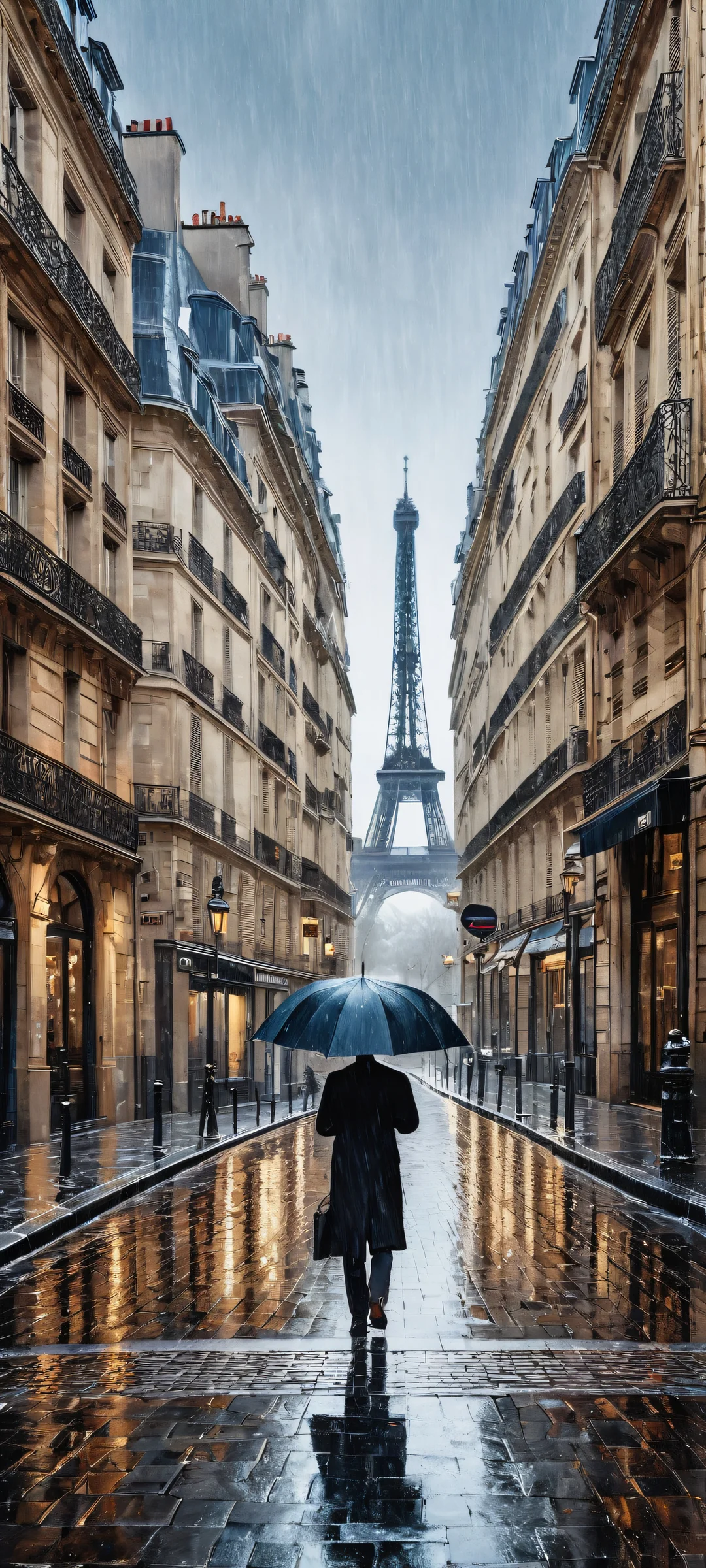 iPhone and Android compatible rainy Parisian street scene with intricate micro-details of umbrellas, puddles, and brickwork. Perfectly optimized for your mobile home screen.