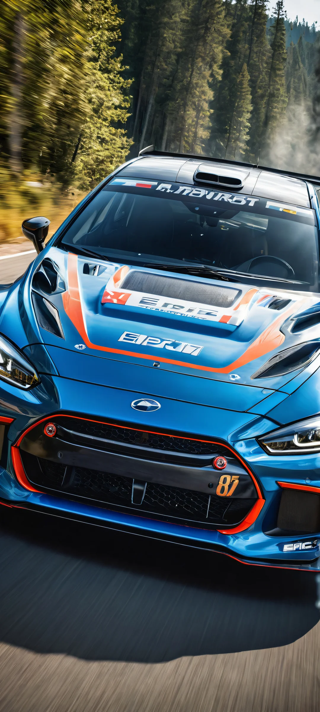 A stunning vertical portrait of a rally car in high-resolution 8K, featuring intricate details and ethereal lighting that seems to emanate from within the taillights. Perfectly optimized for iPhone, Samsung Galaxy, and Android home screens.