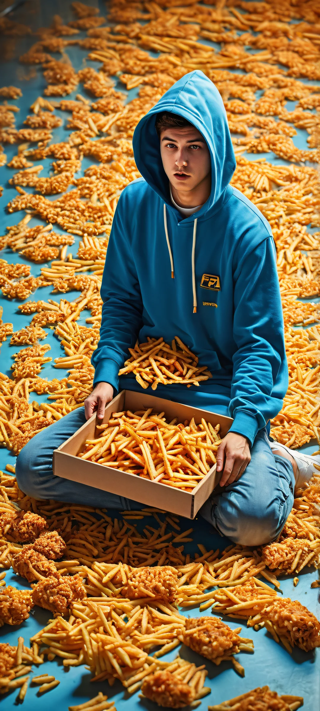 A hooded enthusiast's surprise spill of RAM sticks and GPUs on a pristine floor, featuring scattered fries and micro-details, perfekt optimiert für iPhone/Android-Startbildschirme.