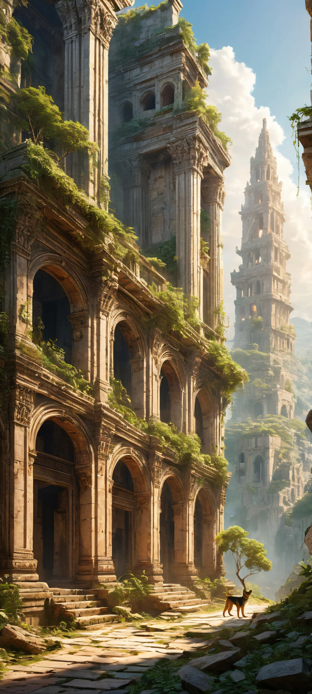 A lone man and his loyal dog standing amidst the ruins of a ravaged city, perfectly optimized for iPhone/Android home screens.