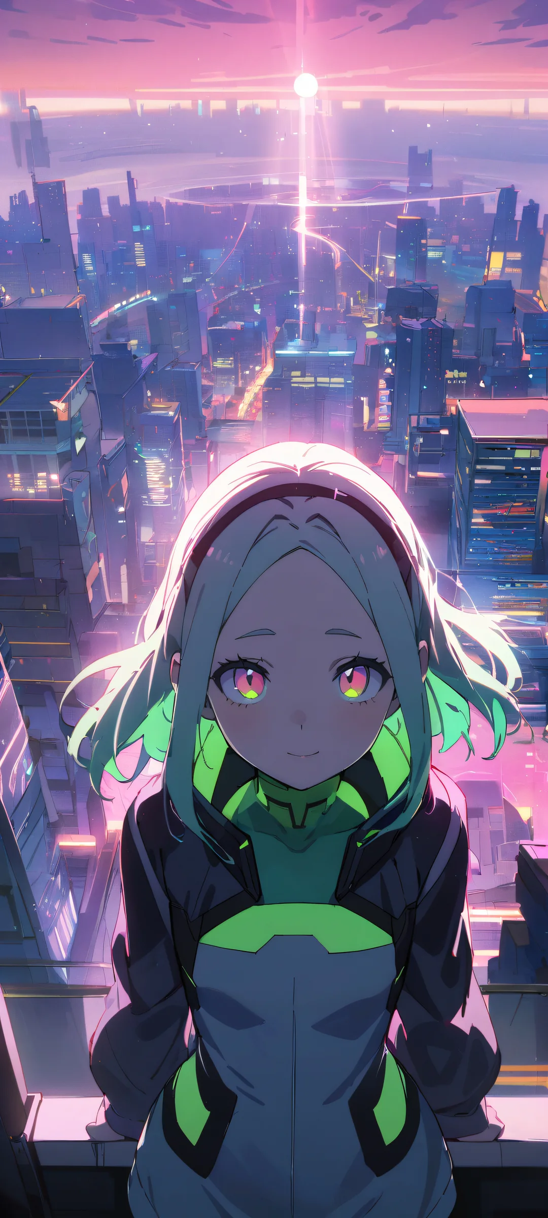 Cyberpunk Rebecca looking at viewer from a futuristic cityscape with iPhone/Android