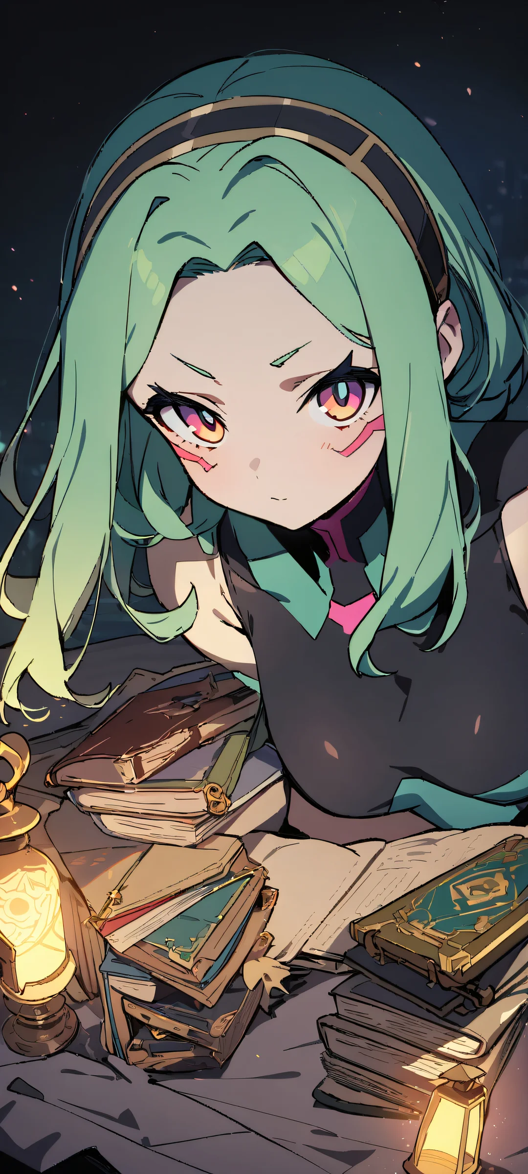 Solo portrait of Rebecca from Cyberpunk Edgerunners looking at the viewer against a whimsical witch's atelier backdrop, featuring iPhone/Android compatibility.