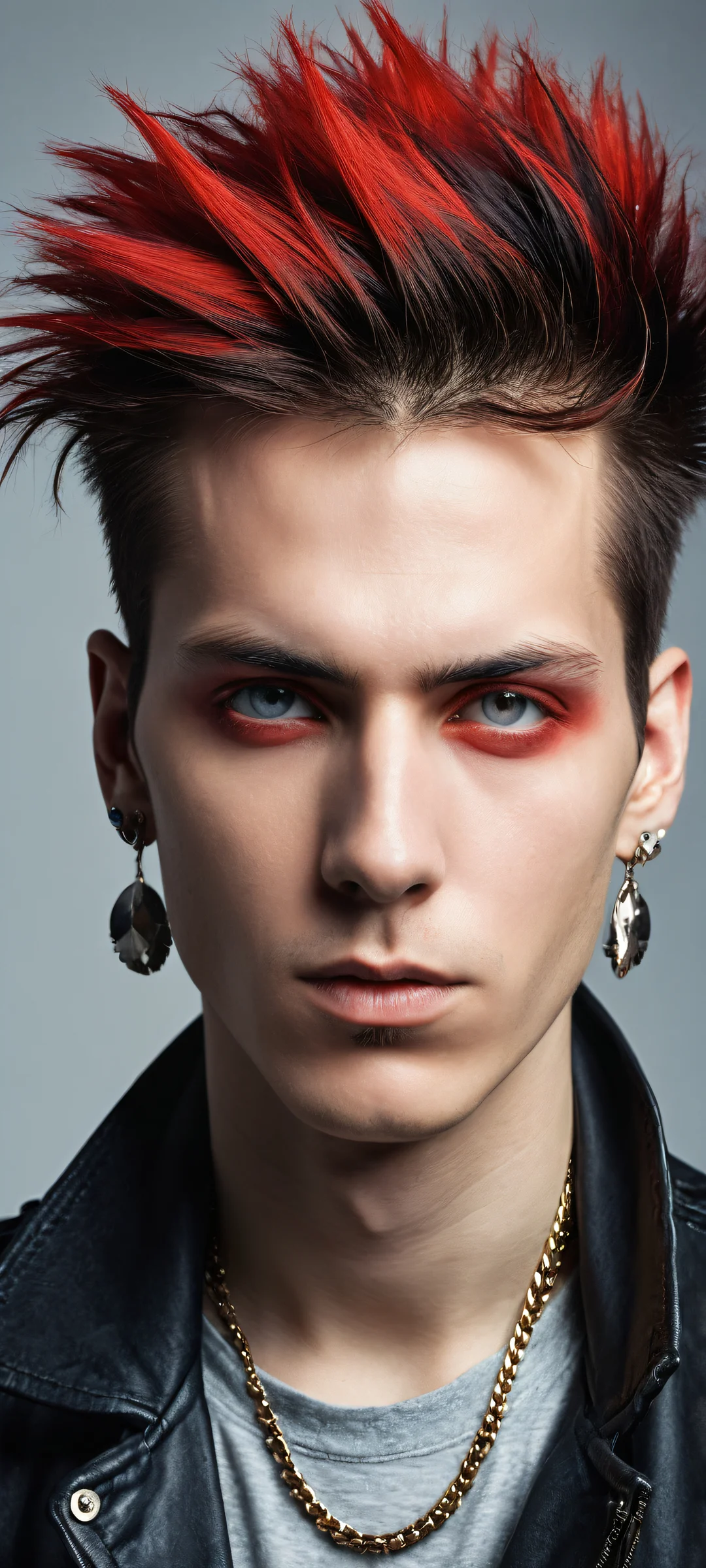 Ethereal punk artwork of a solemn rocker with spiked hair and ear piercing on an iPhone/Android home screen.