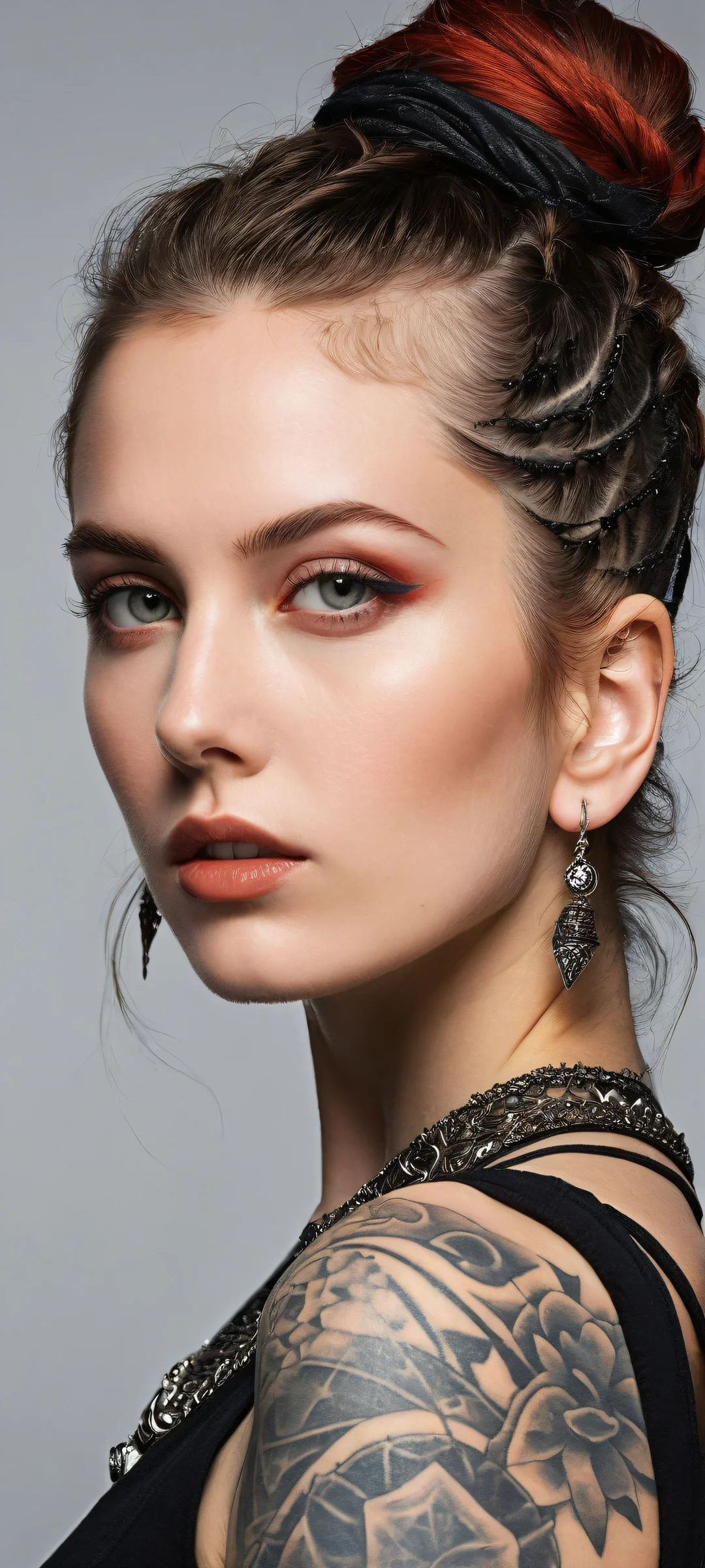 A gothic-inspired portrait of a rebellious individual with intricate tattoo sleeve and piercing gaze, perfekt optimiert für iPhone- und Android-Startbildschirme.