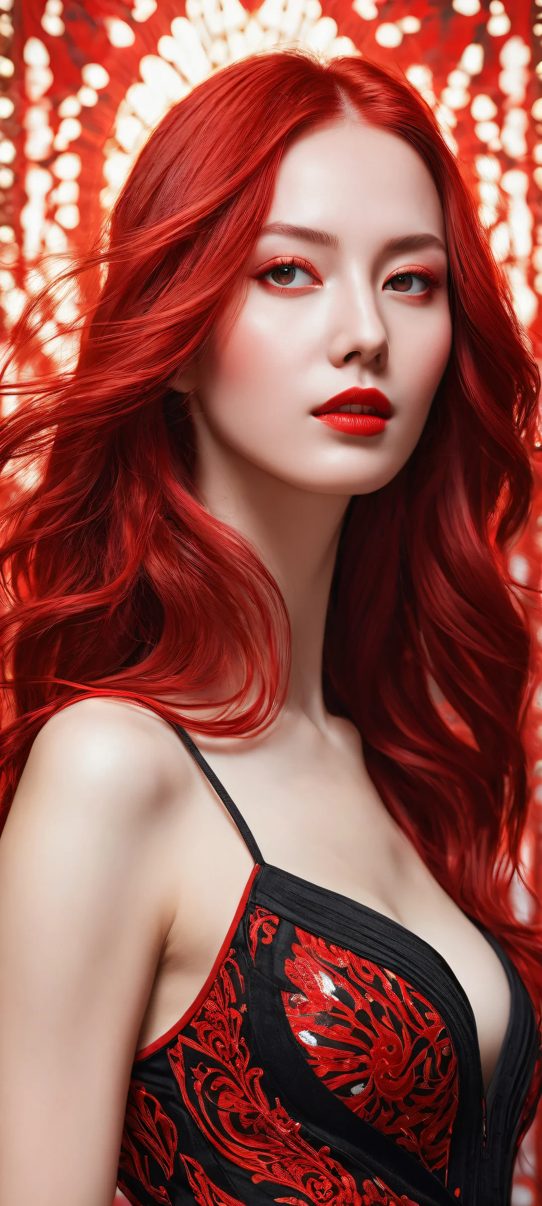 A vibrant red girl with flowing hair and dynamic patterns on her outfit, perfectly optimized for iPhone/Android home screens.