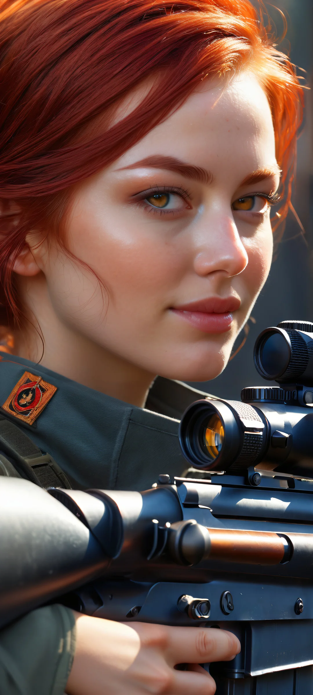 Award-winning digital art of Redheaded Sniper placed on iPhone/Android, with intricate micro-details and radiant smile.