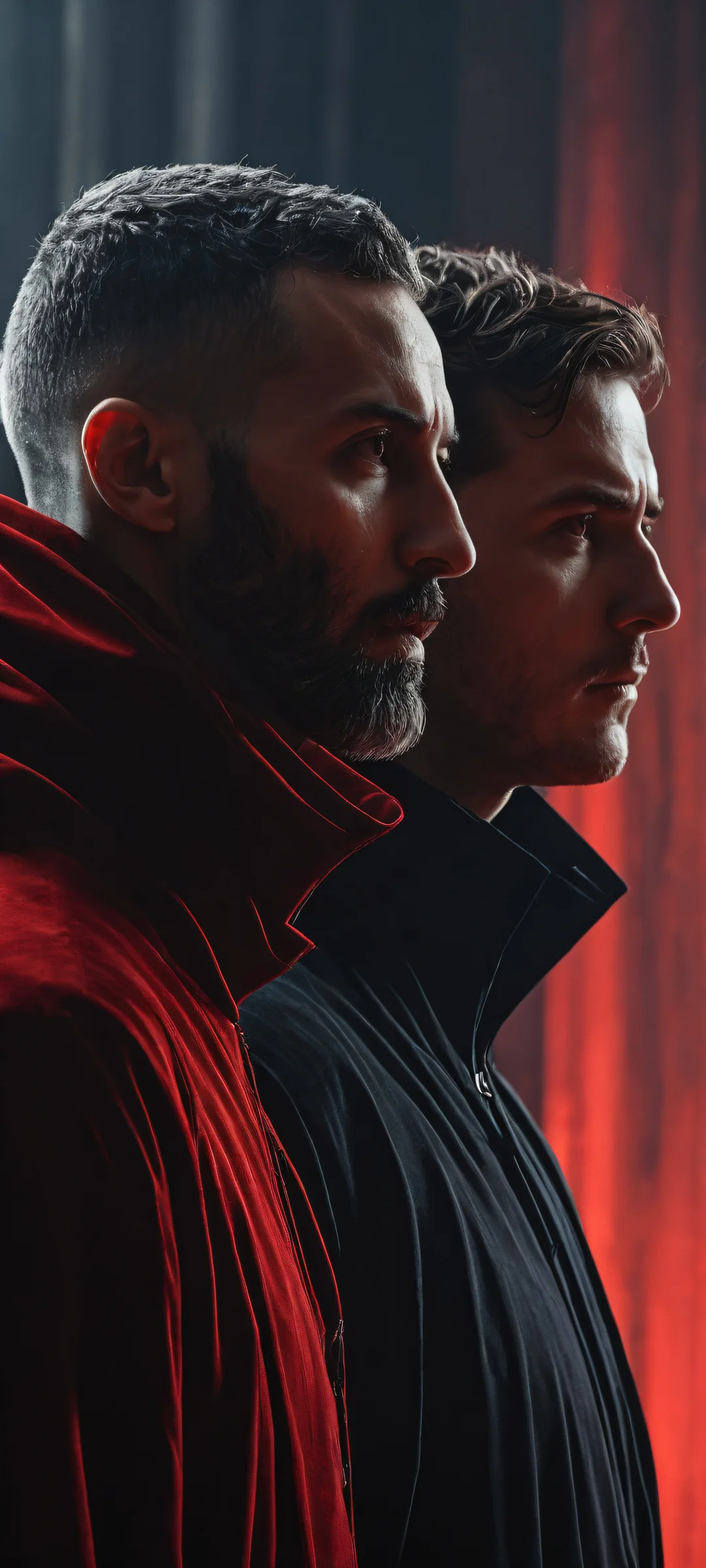 Two Red Mac Raith Men standing in the eerie atmosphere of New Eden on an iPhone/Android device.