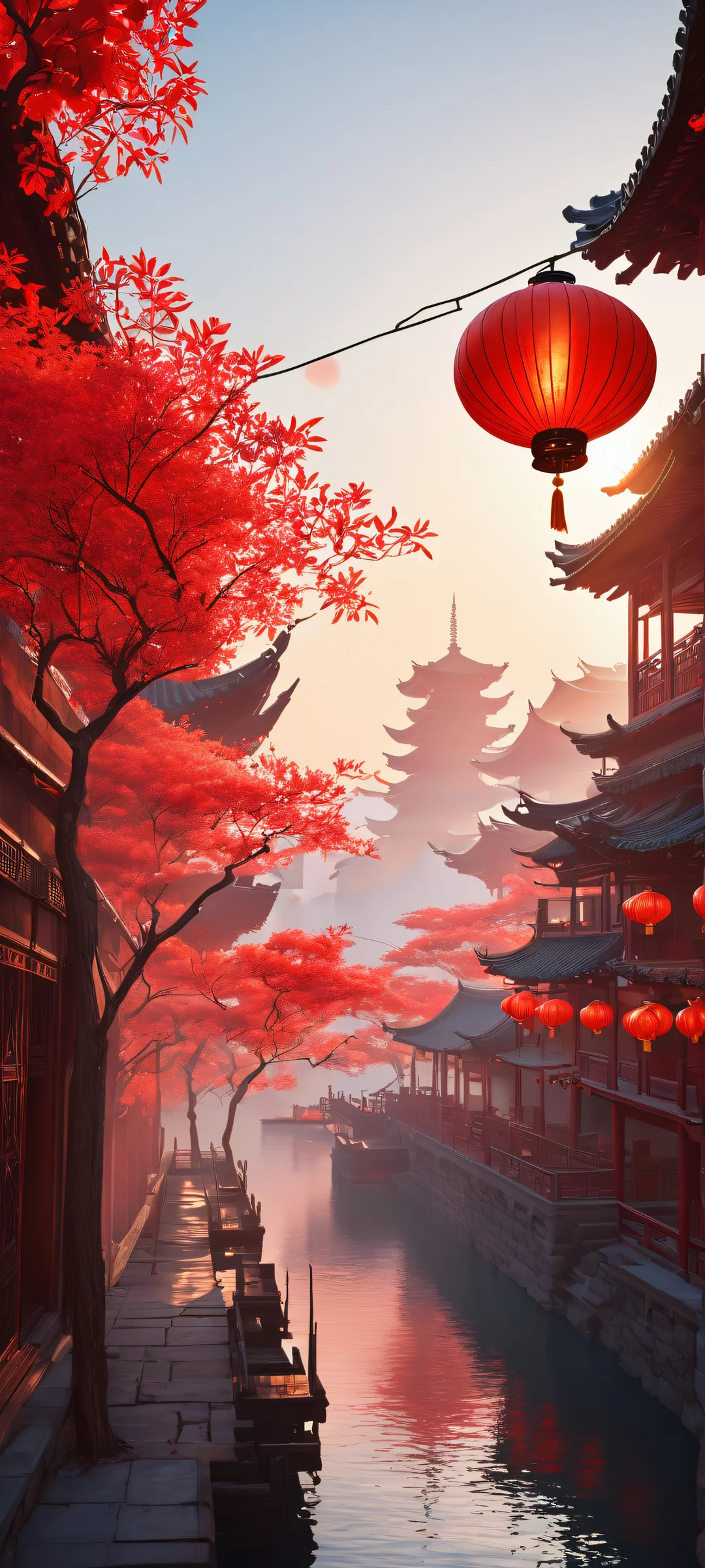 A beautifully crafted Hitman scene on a pure void background with glowing red sky lanterns, perfect for iPhone/Android home screens.