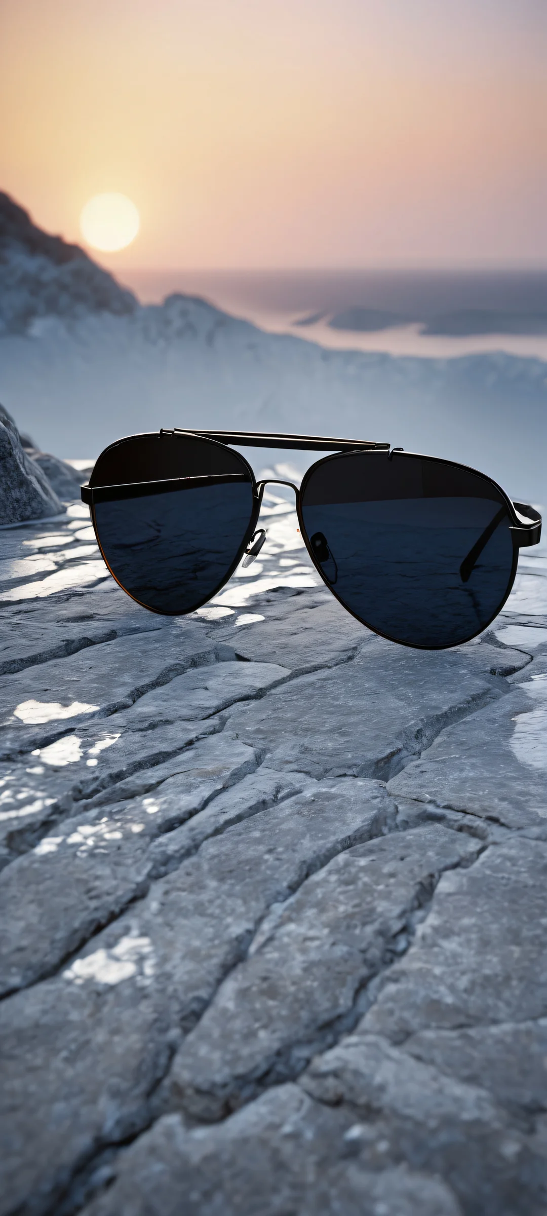 A stunning digital artwork featuring reflective sunglasses and oceanic reflections on a textured stone surface, parfaitement optimisé pour iPhone, SamsungGalaxy, et écrans d'accueil Android.