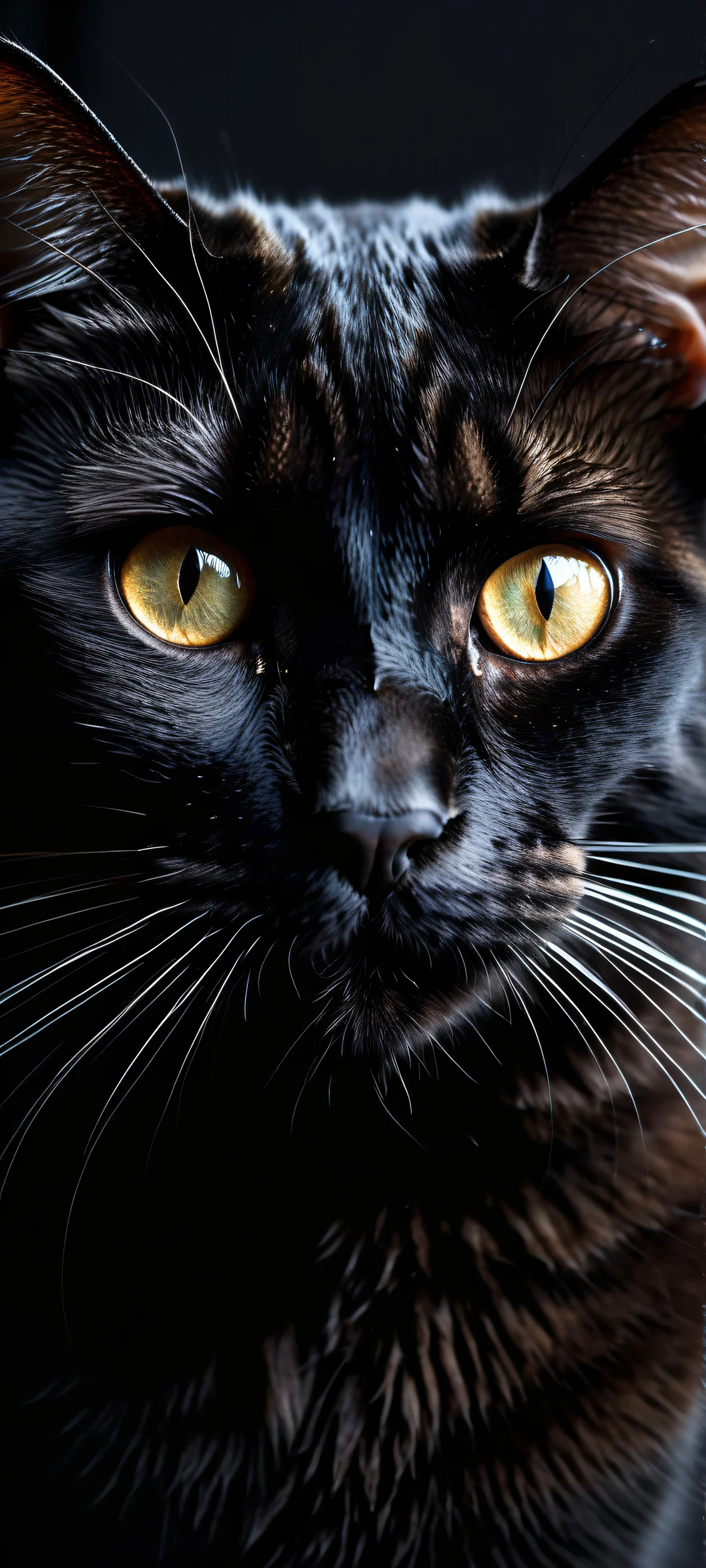 A majestic black cat portrait against a pure void background for iPhone/Android wallpapers.