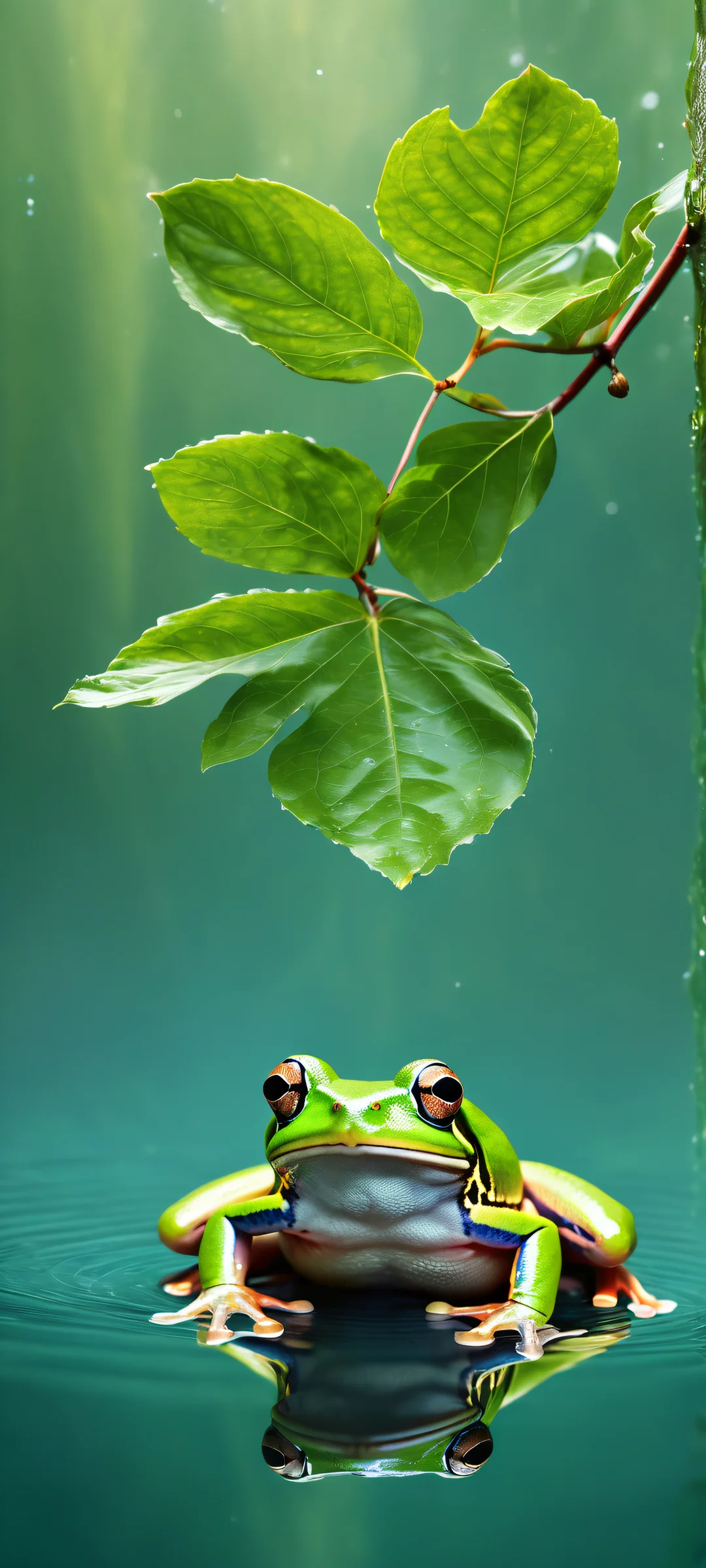 A majestic green tree frog rising from the calm waters of a serene pool, perfect for iPhone/Android home screens.