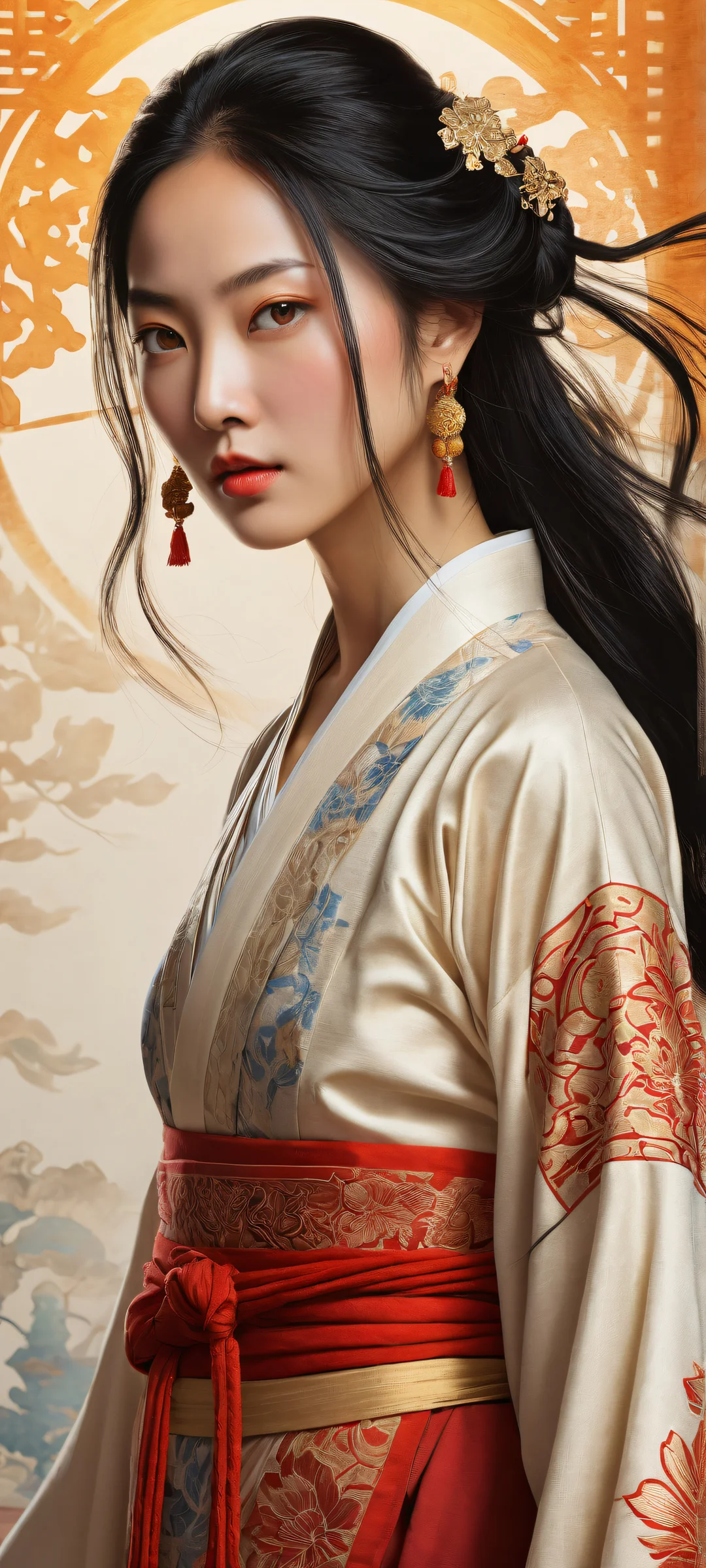 Une femme puissante avec des vêtements traditionnels chinois et une épée se détache sur un fond épuré. Parfait pour les écrans d'accueil iPhone ou Android.