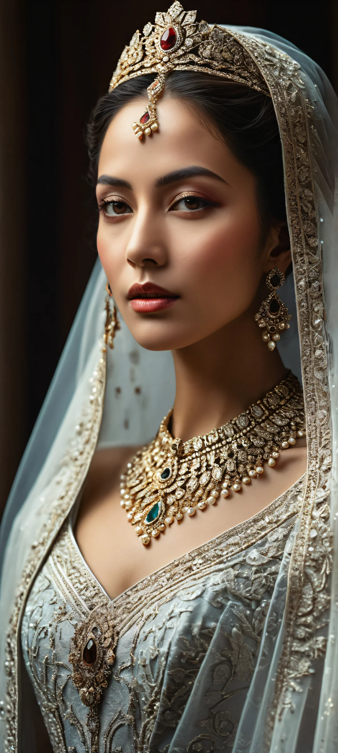 A regal woman in royal attire on a clean and empty top half, with intricate details and shadows on an iPhone/Android device.