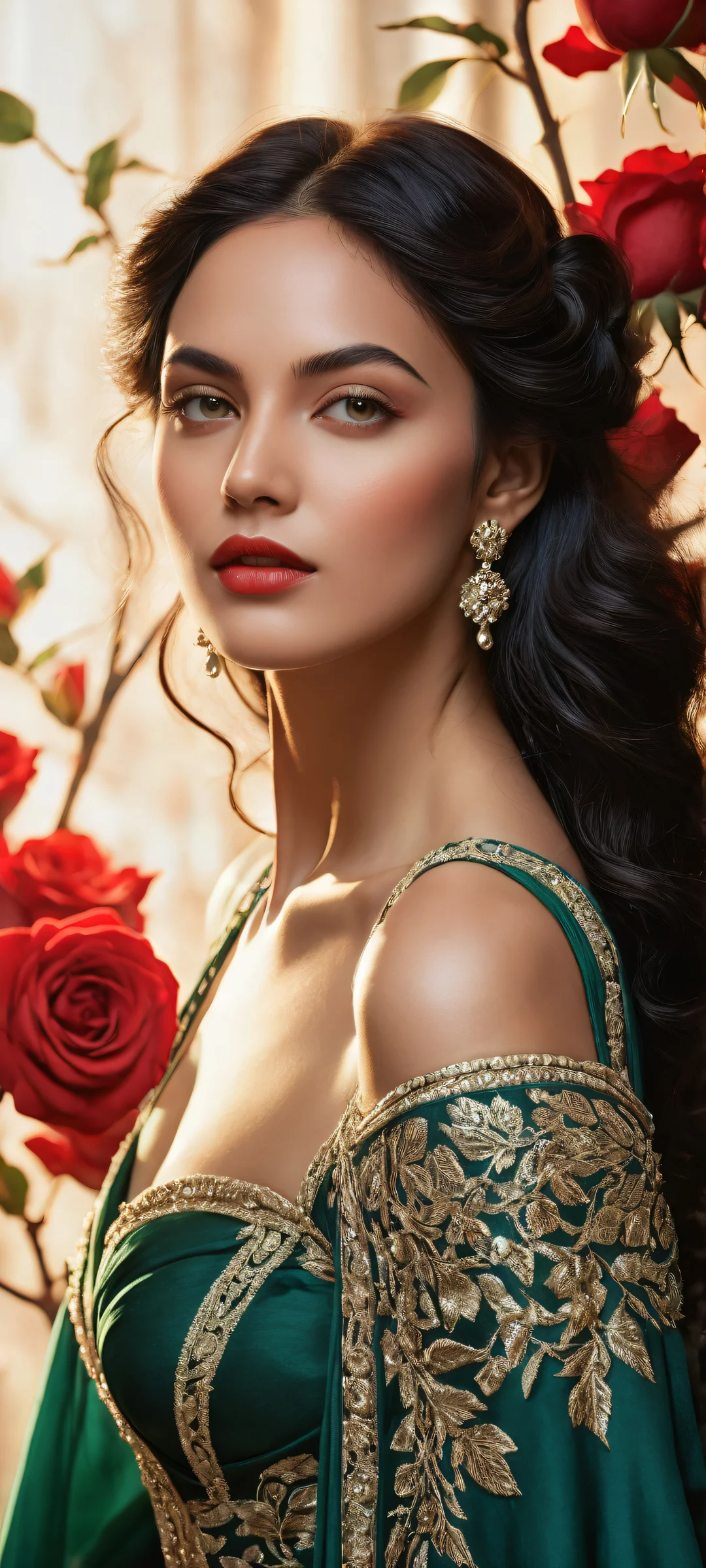 A stunning portrait of a regal woman surrounded by intricate micro-details on iPhone/Android