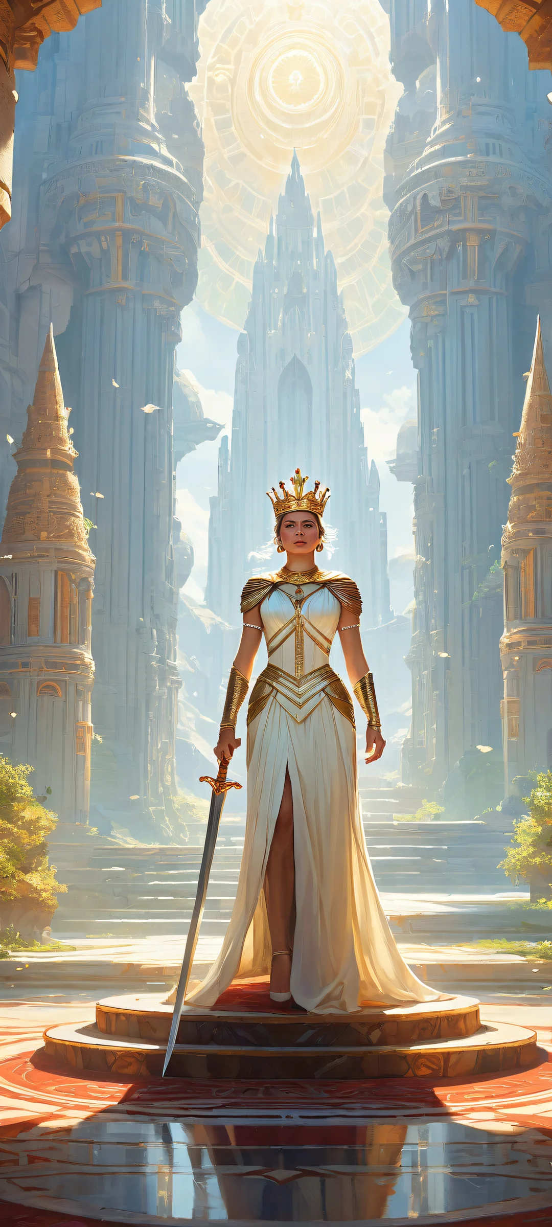 A regal queen holds a sword amidst a fantastical pixel game scene, parfaitement optimisé pour les écrans d'accueil iPhone/Android.