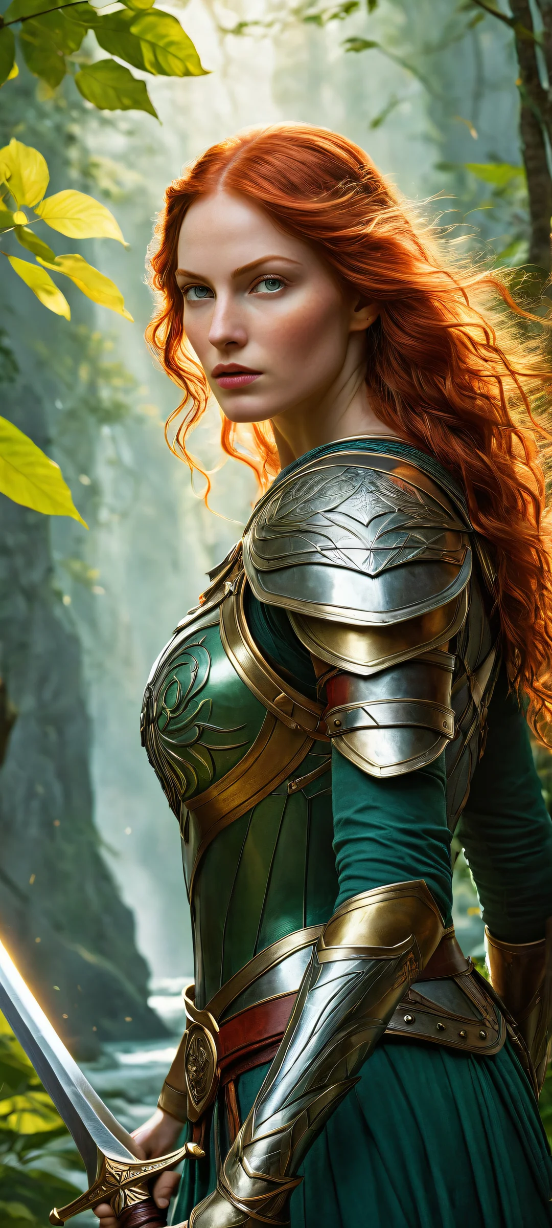 A stunning redheaded warrior with intricate armor and flowing locks on a beautiful green background - perfectly optimized for iPhone/Android home screens.