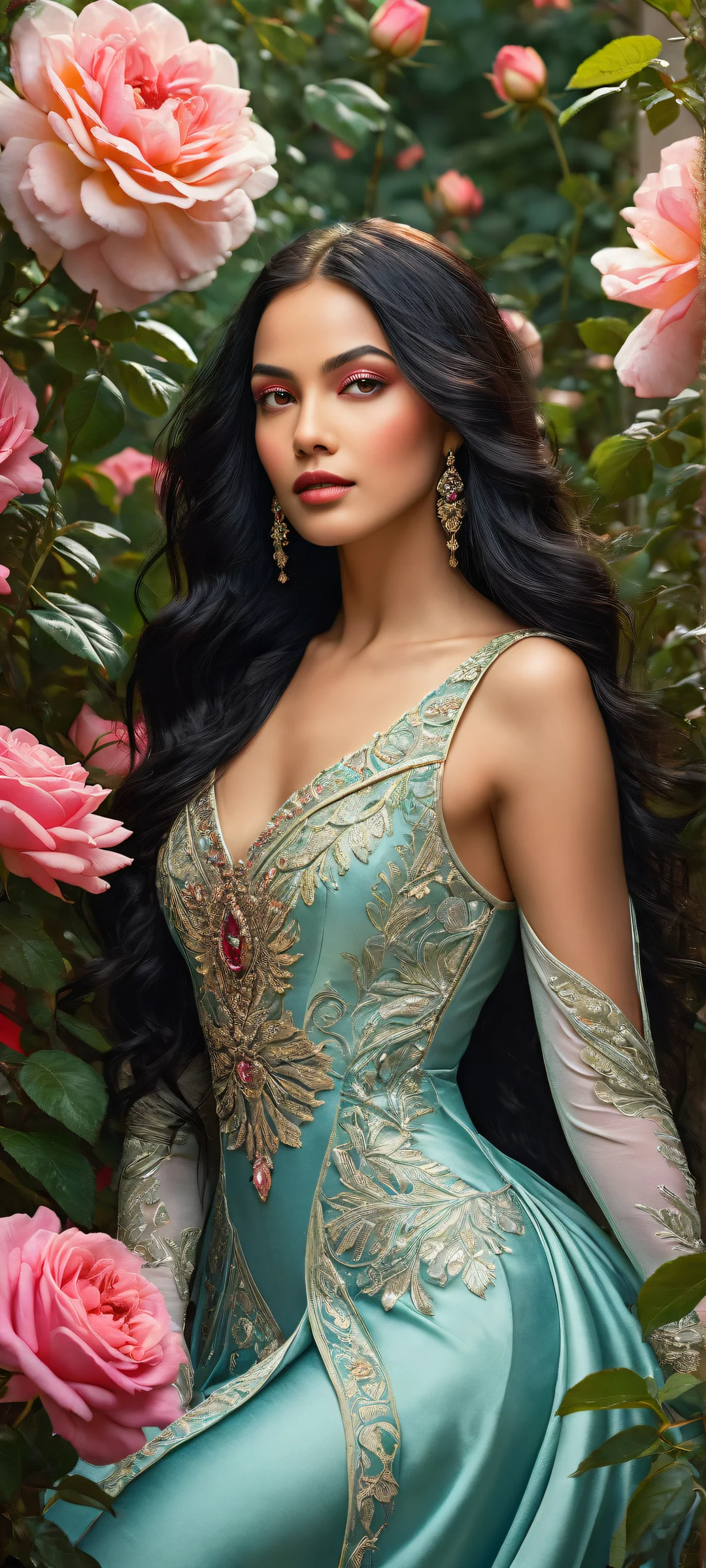 A majestic woman surrounded by a lush rose garden and delicate cat figurines on an iPhone/Android phone.