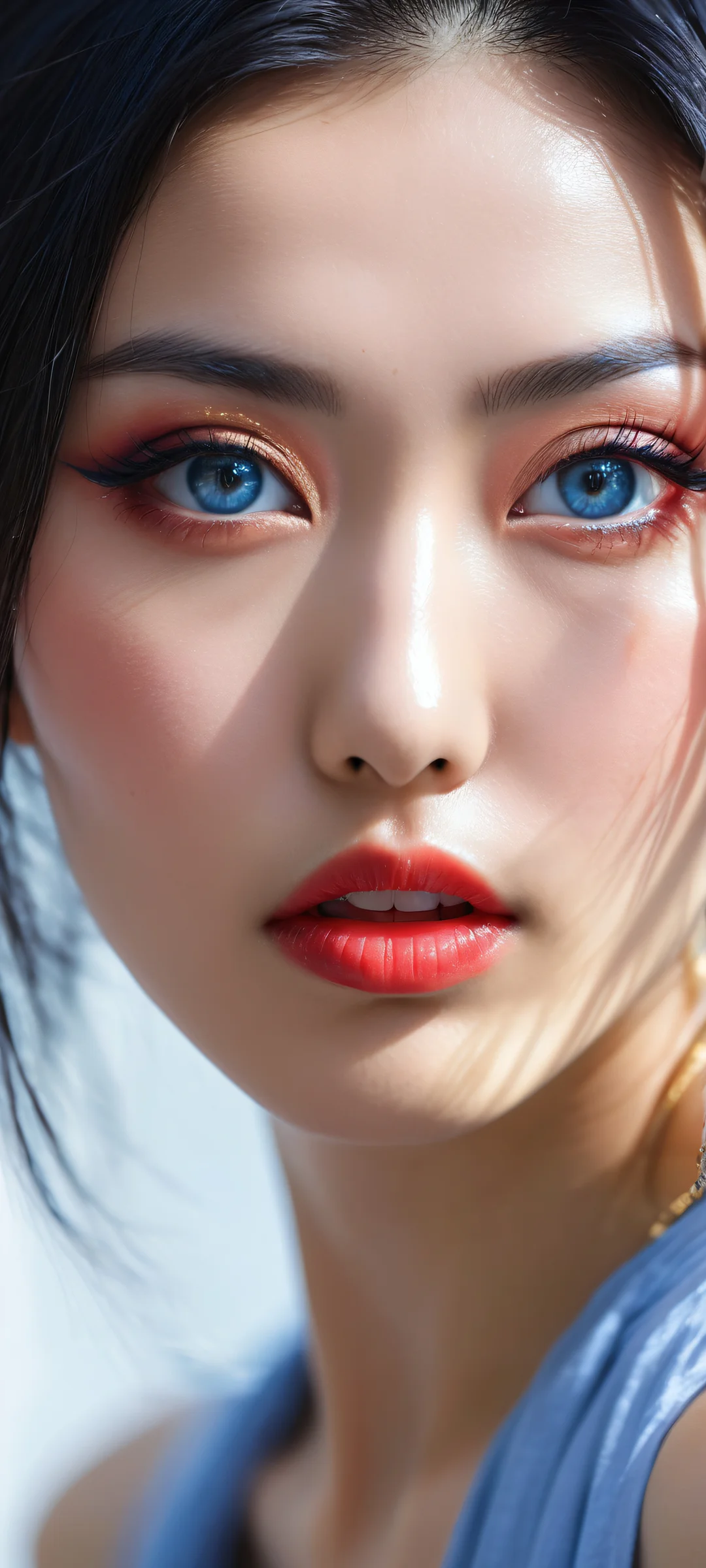 Ethereal portrait of Reiko Kujirai for iPhone/Android, featuring moles under her eyes and a vast pure void contrasting with intricate details in the lower-middle.
