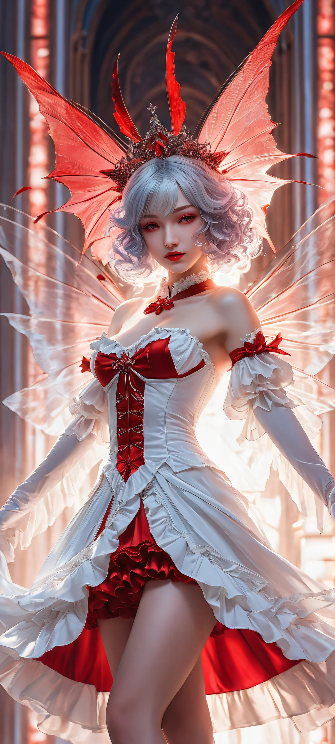 A breathtaking vertical portrait artwork of Remilia Scarlet on iPhone/Android with insane micro-details and cinematic visuals.