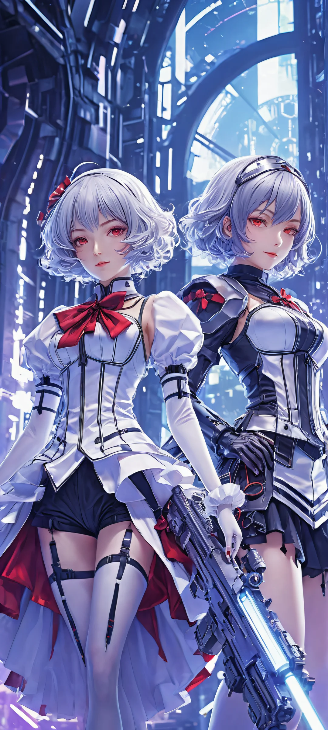 A breathtaking portrait of Remilia Scarlet and Izayoi Sakuya amidst futuristic machinery, perfectly optimized for iPhone, Samsung Galaxy, and Android home screens.