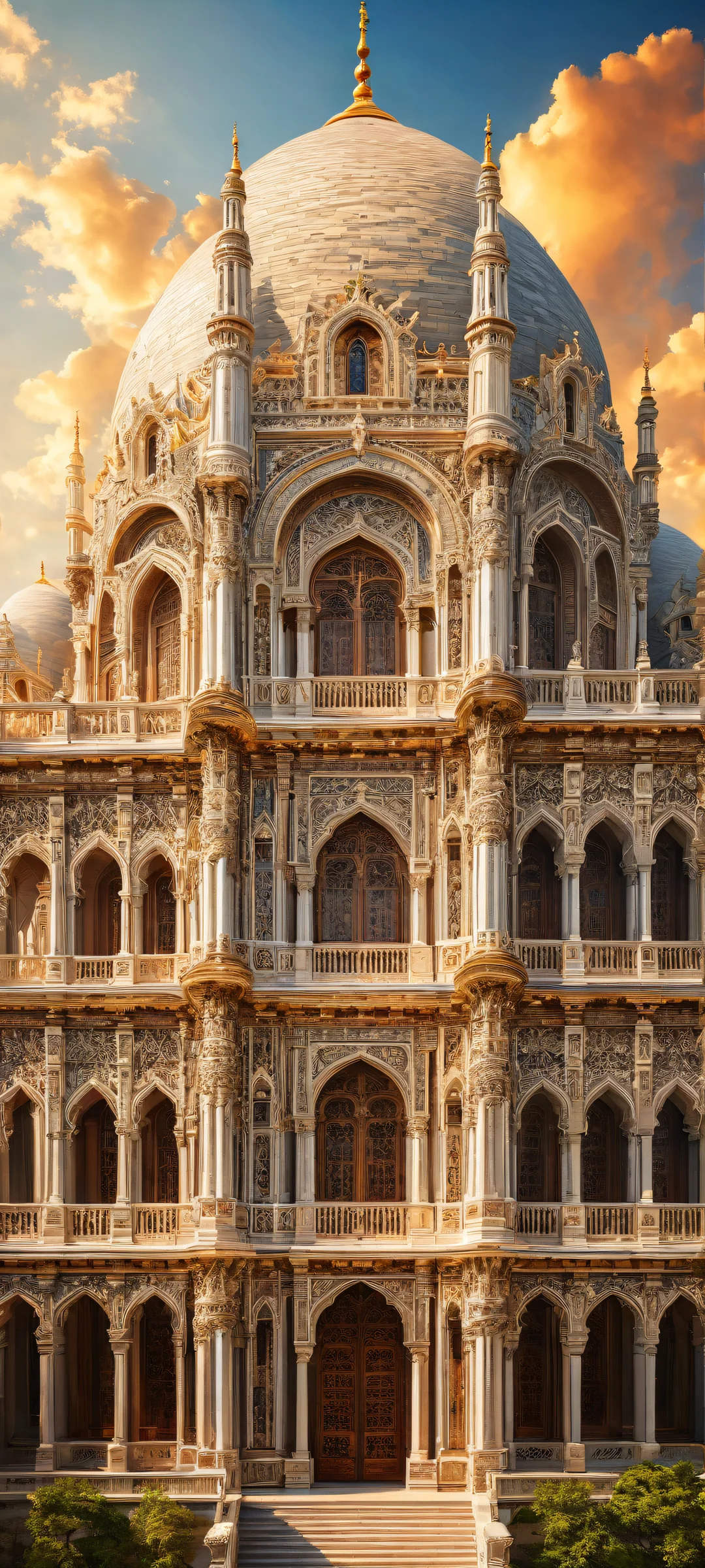 Ethereal palace façade on iPhone/Android, featuring intricate details and stunning cityscape in the background.