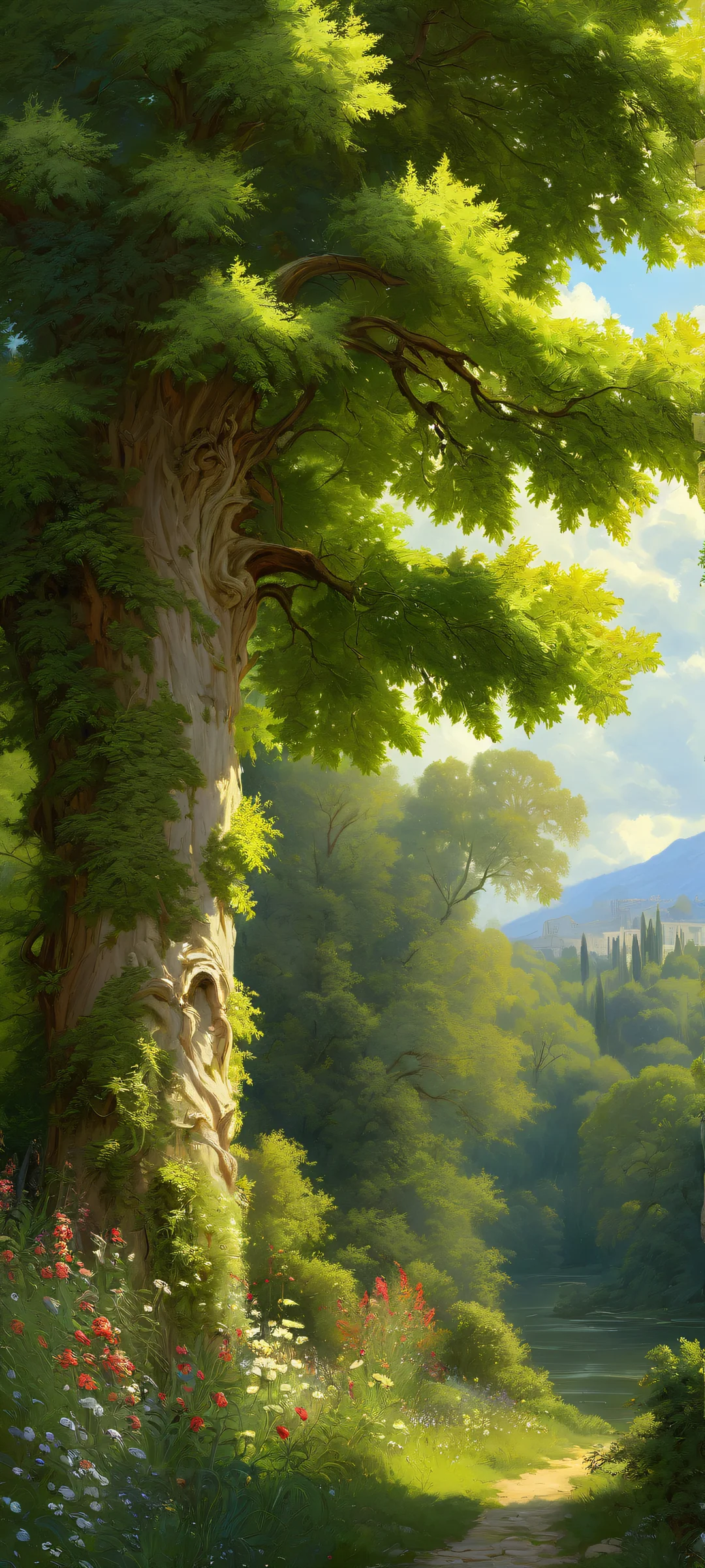 A stunning iPhone/Android wallpaper featuring a classical renaissance oil painting with lush summer vegetation, heat waves, and chiaroscuro lighting.