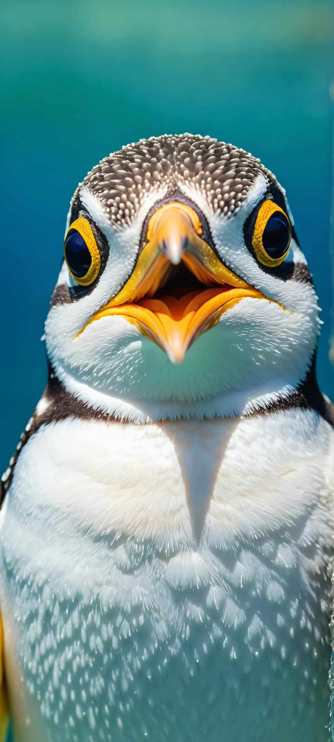 A serene portrait of a penguin-tabby-pufferfish hybrid on a soft blue gradient background, iPhone に完全に最適化, サムスンギャラクシー, と Android のホーム画面.