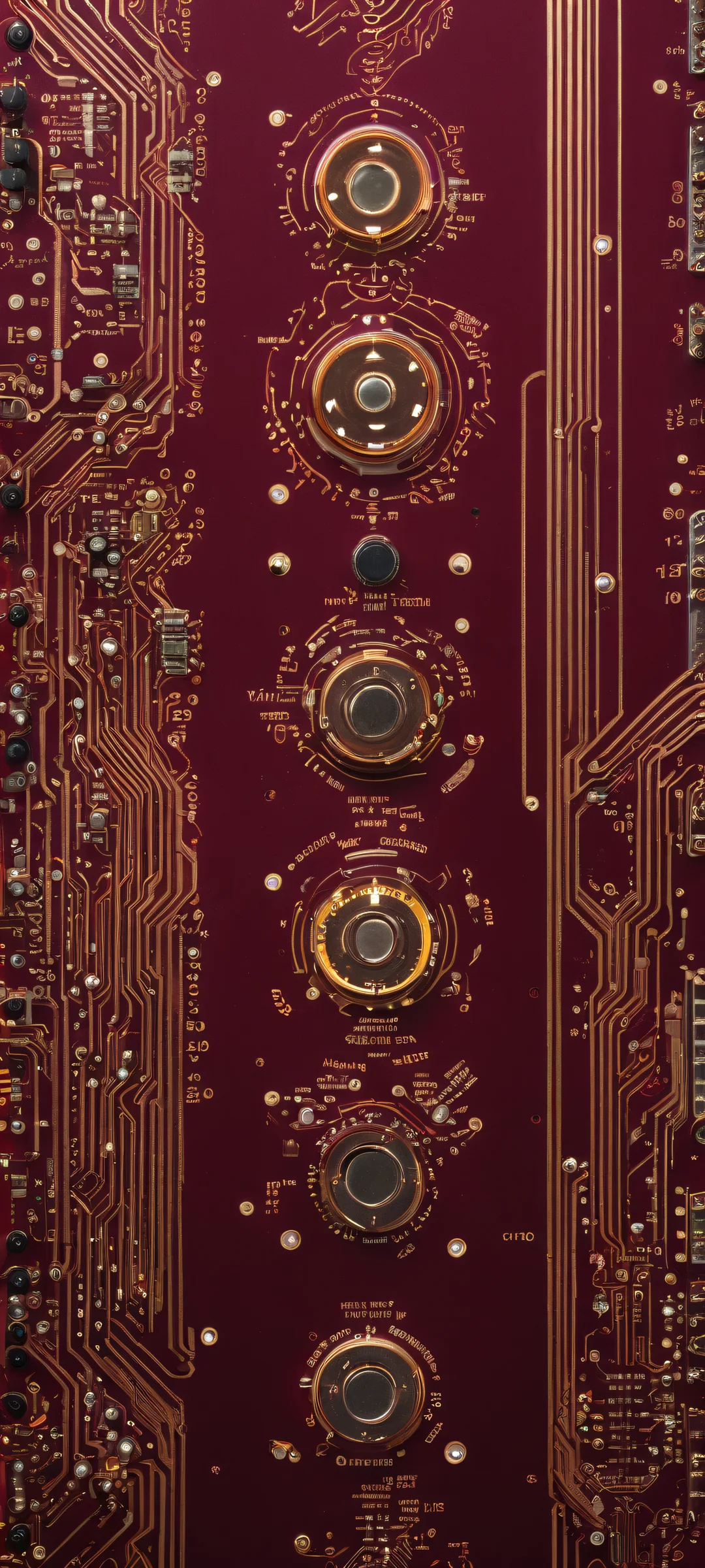 Vintage arcade machine circuit board artwork on iPhone/Android with deep maroon and rich gold tones, perfect for dark mode home screens.