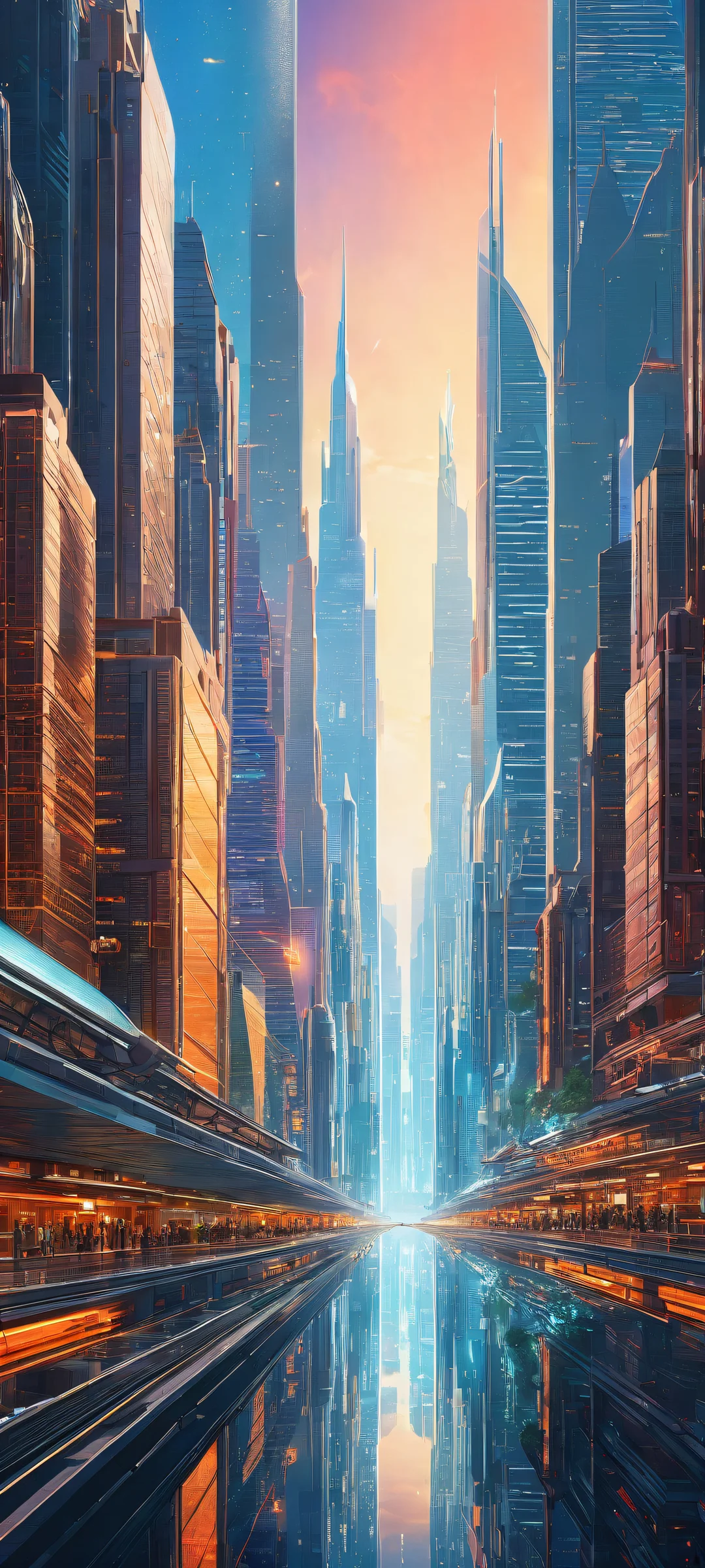 A stunning portrait of a retro-futuristic cityscape on an iPhone or Android device, featuring ethereal lighting and brilliant colors.