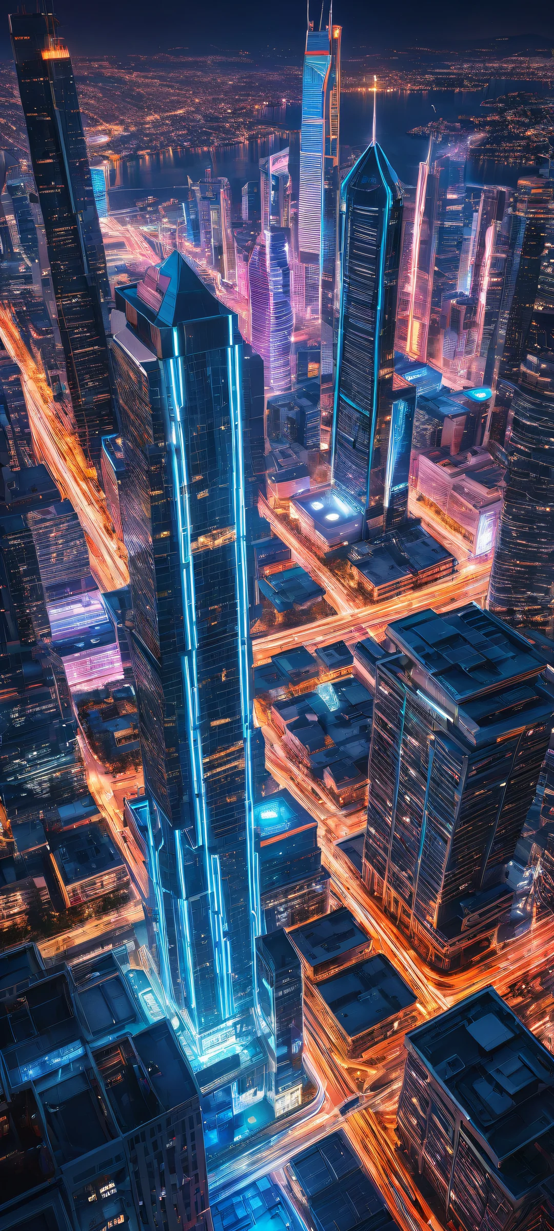 A futuristic cityscape on iPhone/Android with Rythmic Cubic Logo and neon wires. Perfectly optimized for home screens.