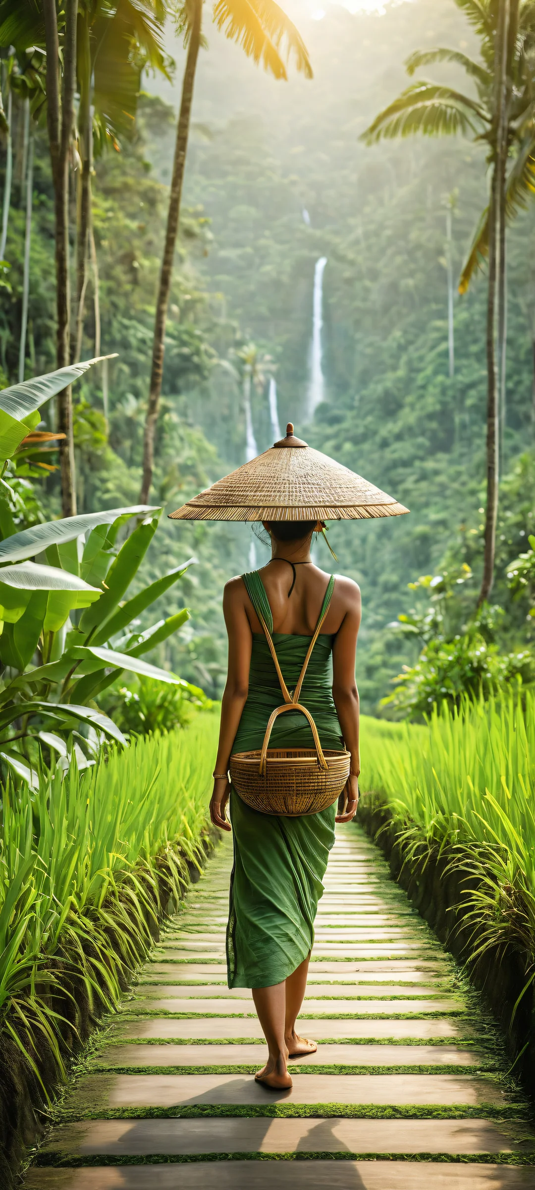 A serene digital artwork featuring a woman from behind, wearing a traditional rice basket on her back, amidst the lush Bali jungle landscape. Parfait pour les écrans d'accueil iPhone/Android.