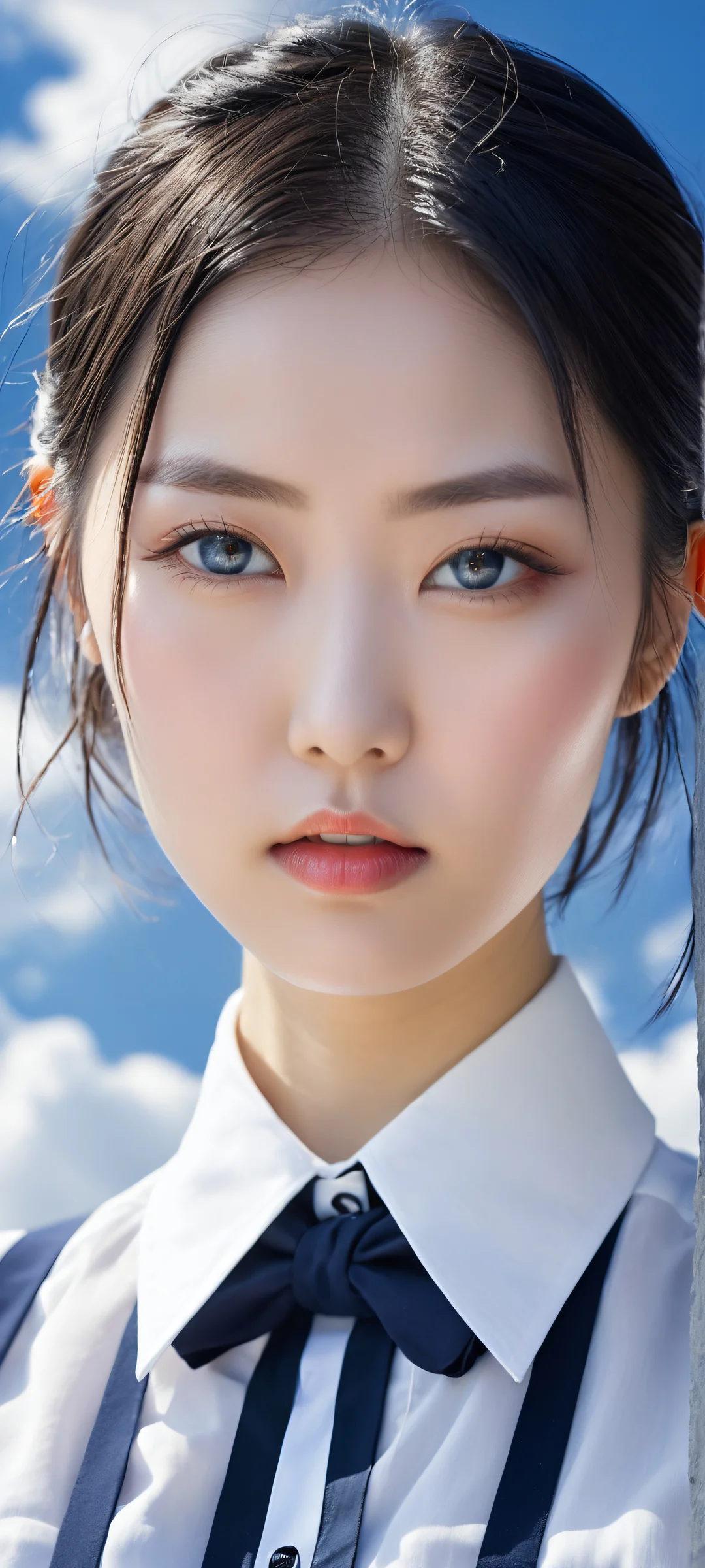 Portrait of Takarada Rikka, a schoolgirl with earphones, set against an infinite blue and white gradient on iPhone and Android devices.