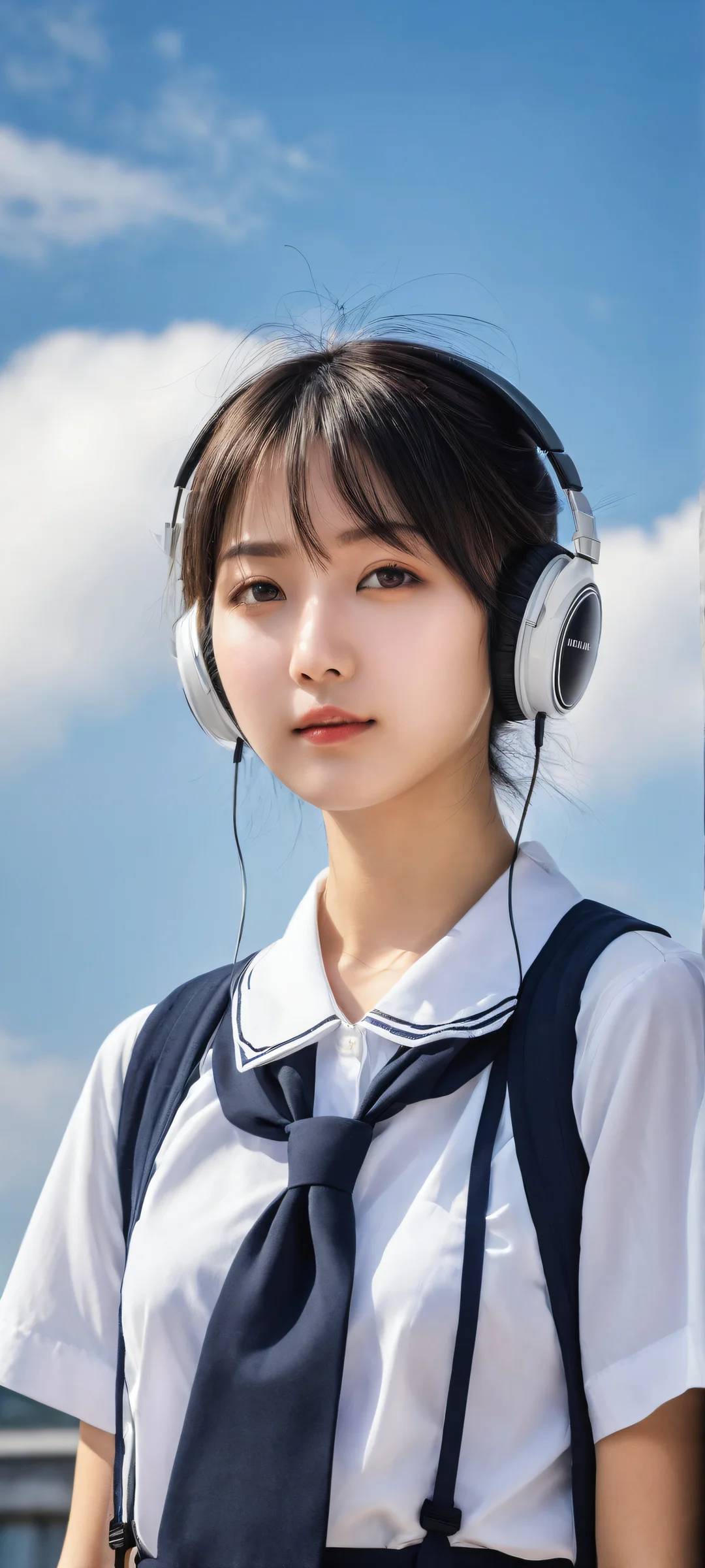 A portrait of Schoolgirl Takarada Rikka with intricate details on her uniform and earphones, perfectamente optimizado para iPhone, samsung galaxia, y pantallas de inicio de Android.