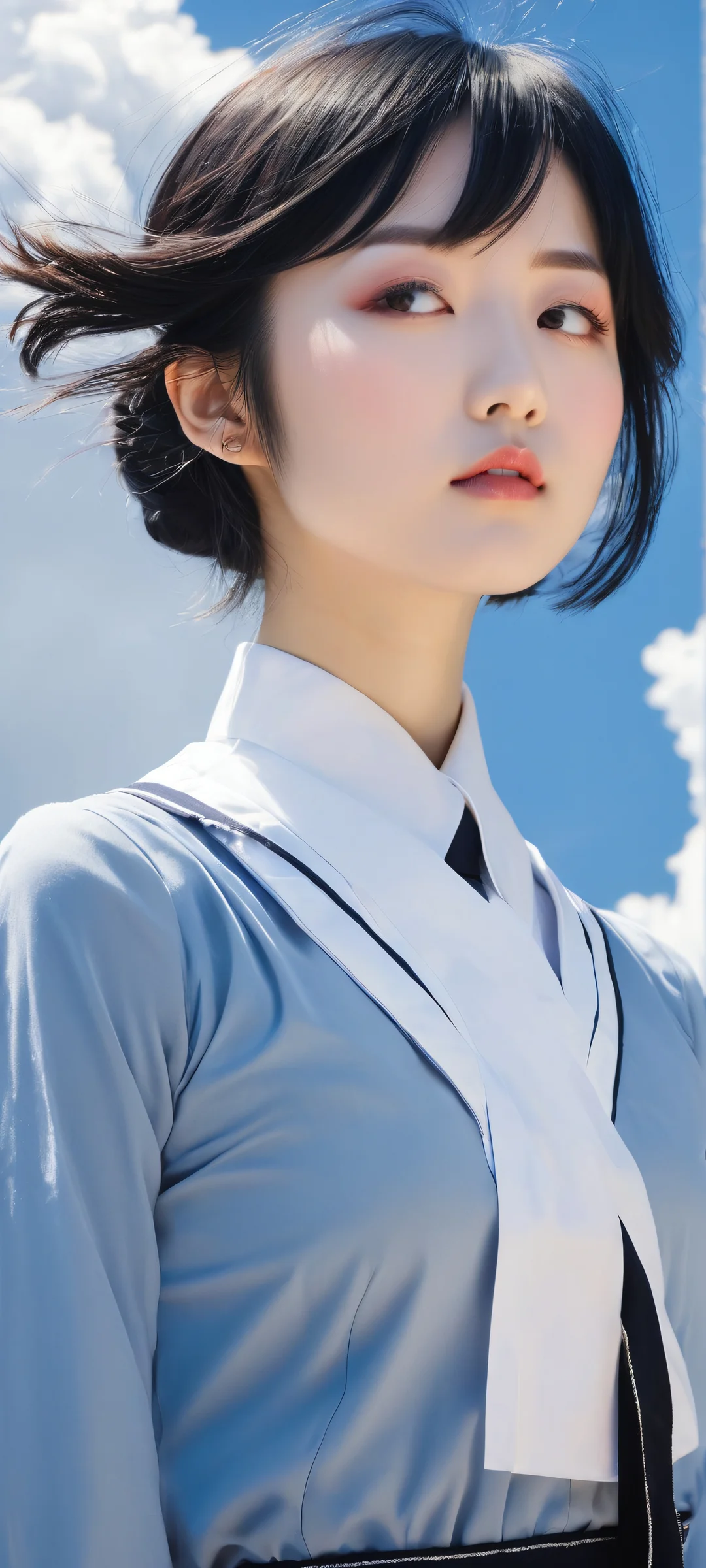 Takarada Rikka standing out against a peaceful clouds-filled sky on an iPhone or Android device, with intricate details and perfect composition for a stunning mobile wallpaper.