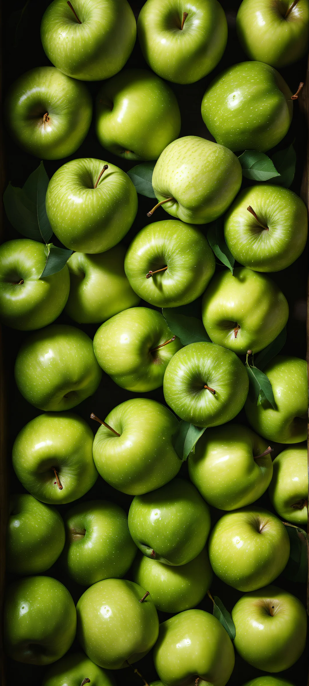 A dozen green apples on a clean background with intricate details and soft sunlight filtering through leaves for iPhone/Android