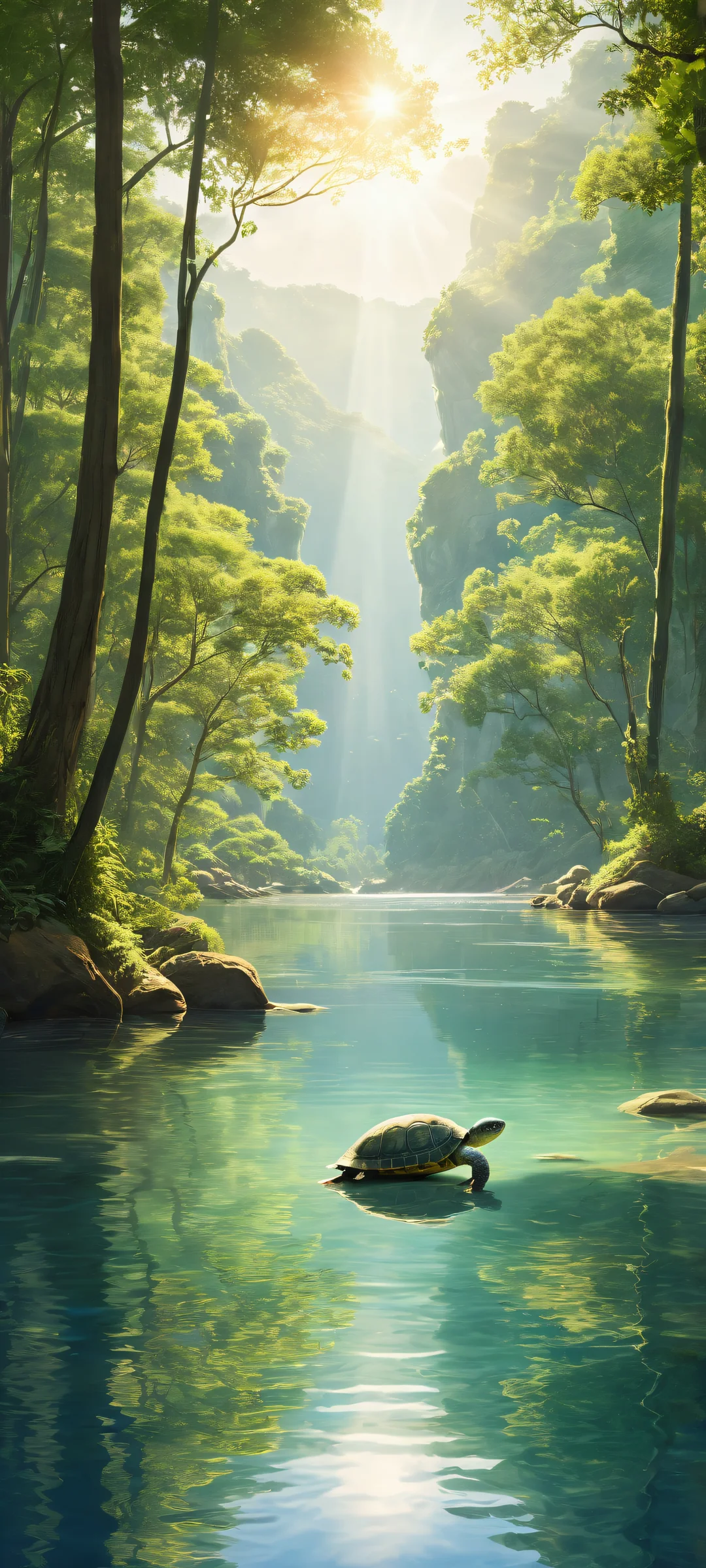 A serene river scene with a turtle swimming in the distance, perfectly optimized for iPhone and Android home screens. A tranquil landscape featuring lush greenery, subtle ripples on the water's surface, and intricate micro-details.
