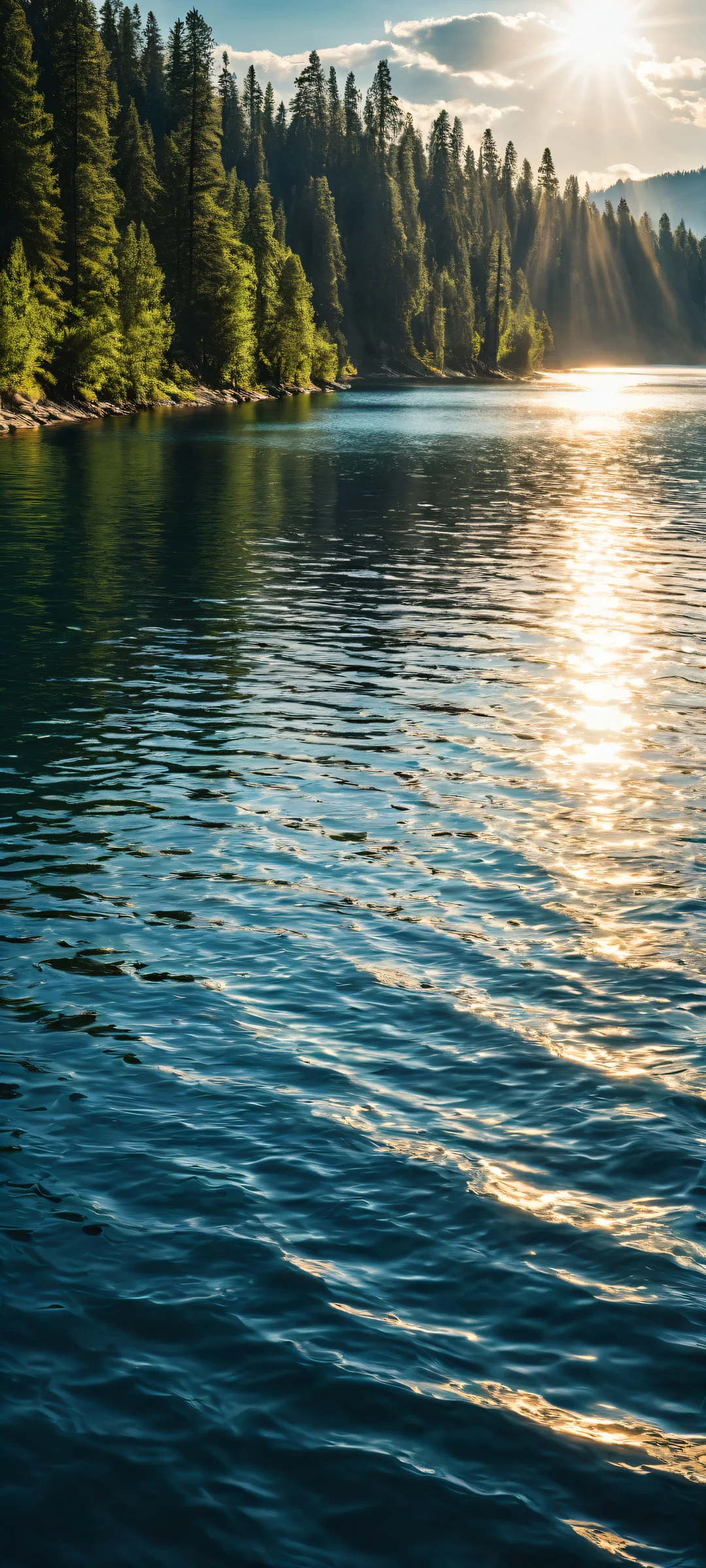 iPhone and Android users can't resist the serene beauty of this stunning vertical portrait artwork featuring river ripples, sunlight reflections, and a seamless blend of nature and digital art. Perfect for dark mode enthusiasts!