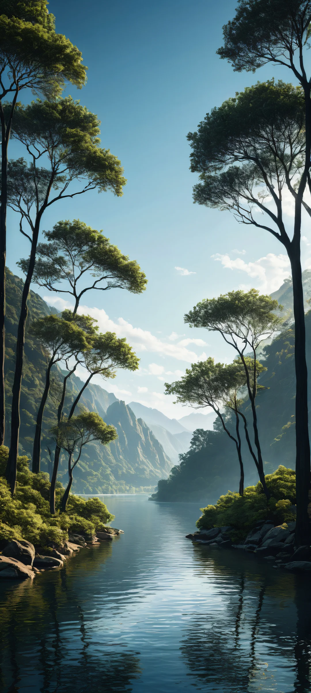 Breathtaking Riverbank landscape on iPhone/Android - Award-winning digital art with perfect dark mode aesthetic, crisp contrast, and elegant luminescent accents for sunrise.