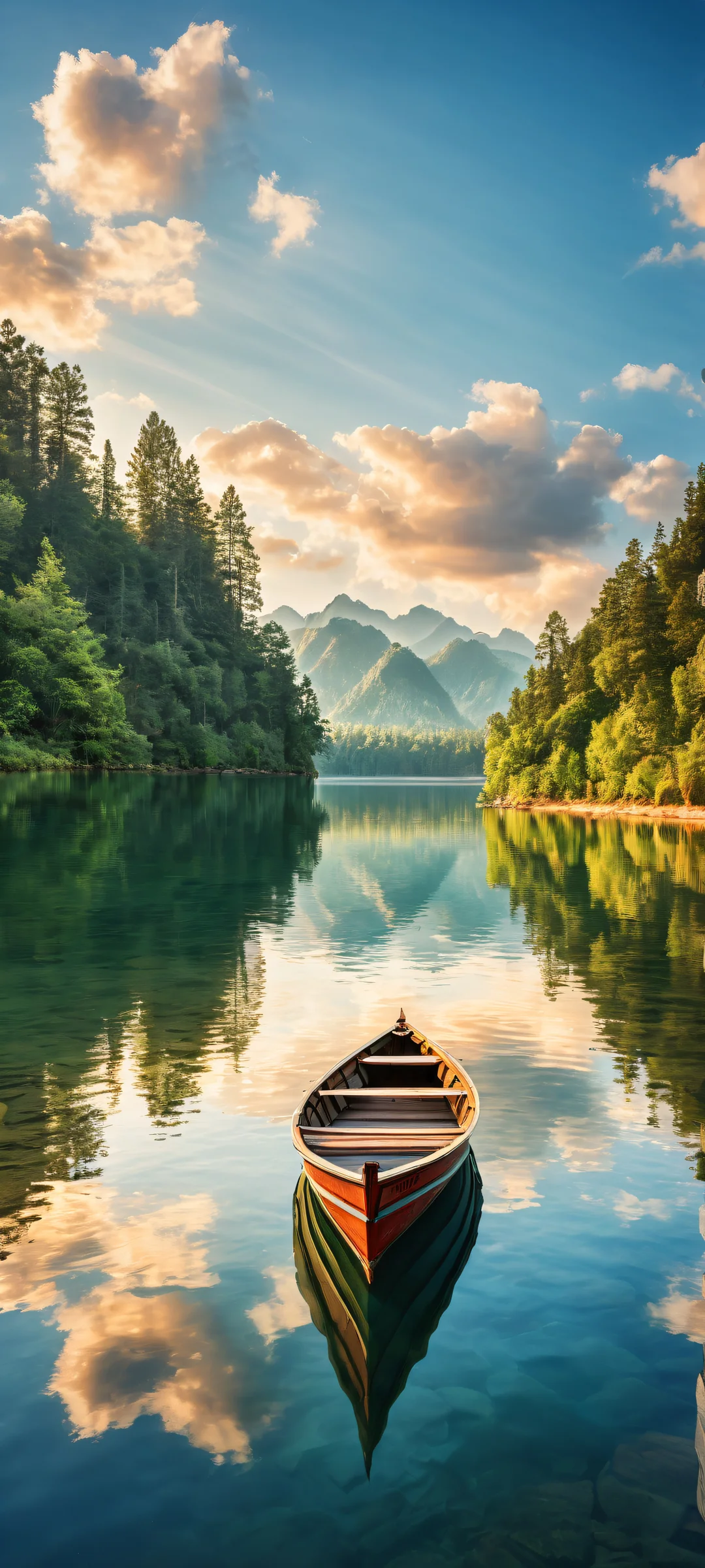 A serene river scene with a boat and idyllic landscape featuring lush greenery and majestic clouds, iPhone/Androidのホーム画面に完全に最適化.