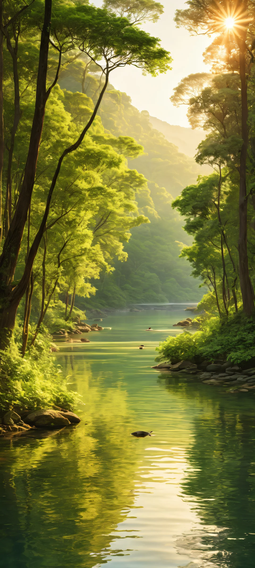 iPhone and Android users can enjoy this breathtaking digital artwork of a serene riverbank scene with lush greenery, majestic trees, and a turtle swimming nearby. Perfect for your mobile home screen.